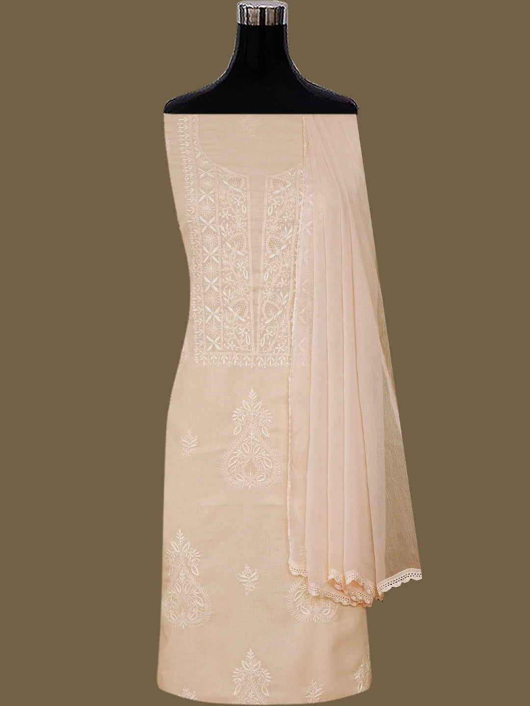 Ada Hand Embroidered Creamy Peach Cotton Lucknowi Chikankari Unstitched Suit Piece 01A773695
