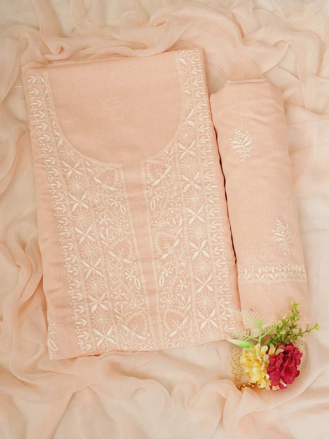 Ada Hand Embroidered Creamy Peach Cotton Lucknowi Chikankari Unstitched Suit Piece 01A773695