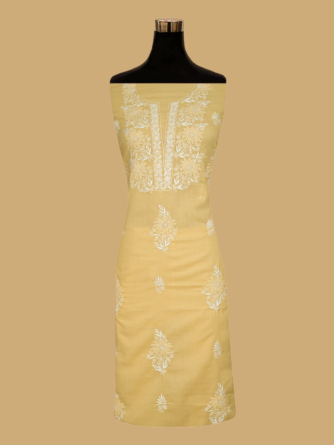 Ada Hand Embroidered Biscuit Yellow Cotton Lucknowi Chikankari Unstitched Suit Piece 01A773542