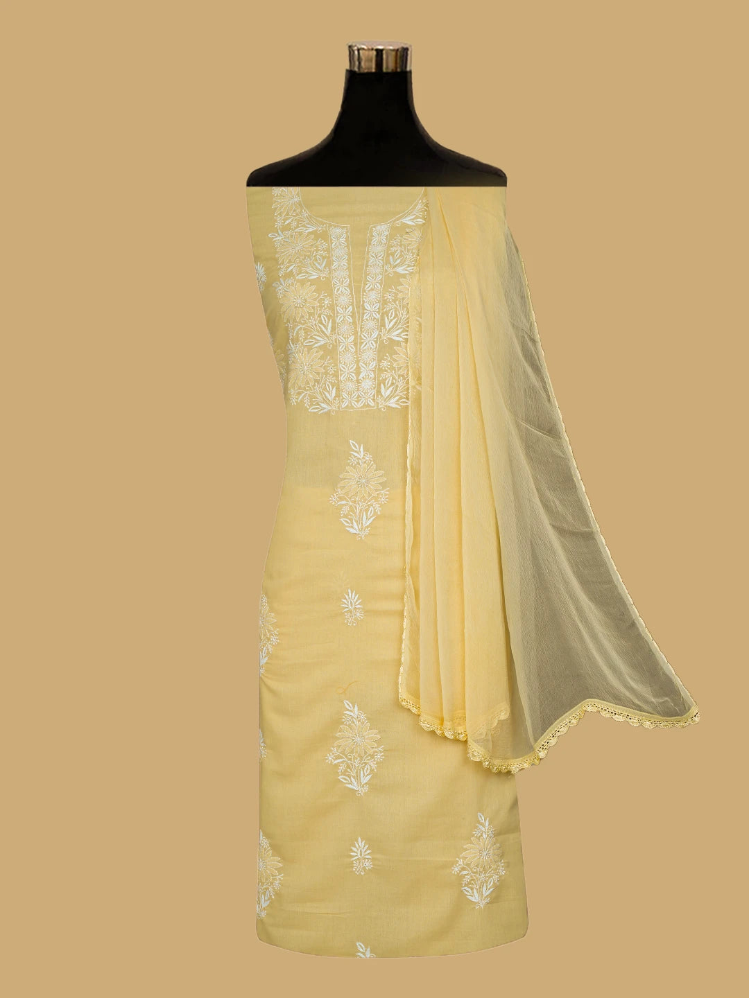 Ada Hand Embroidered Biscuit Yellow Cotton Lucknowi Chikankari Unstitched Suit Piece 01A773542