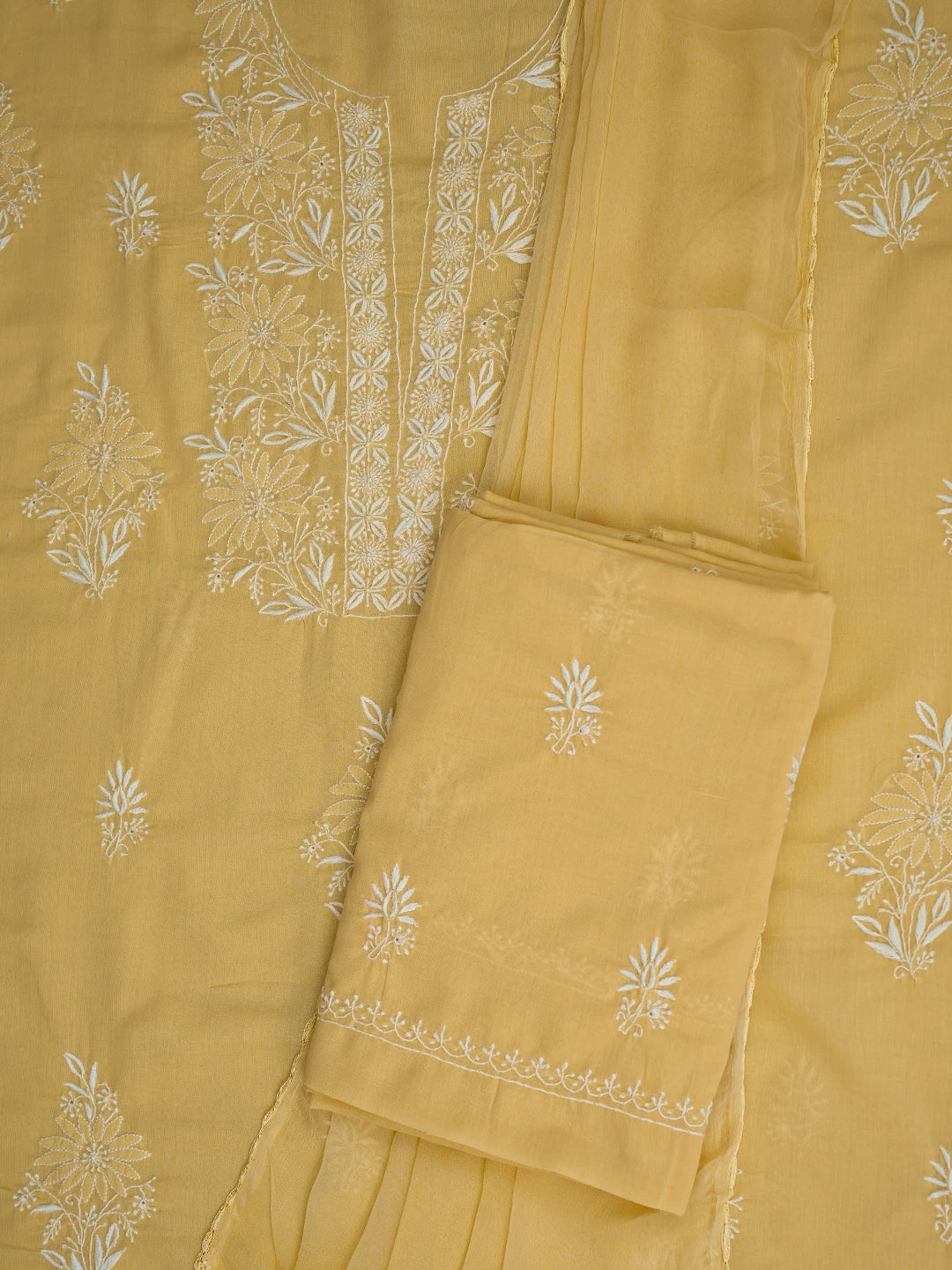 Ada Hand Embroidered Biscuit Yellow Cotton Lucknowi Chikankari Unstitched Suit Piece 01A773542