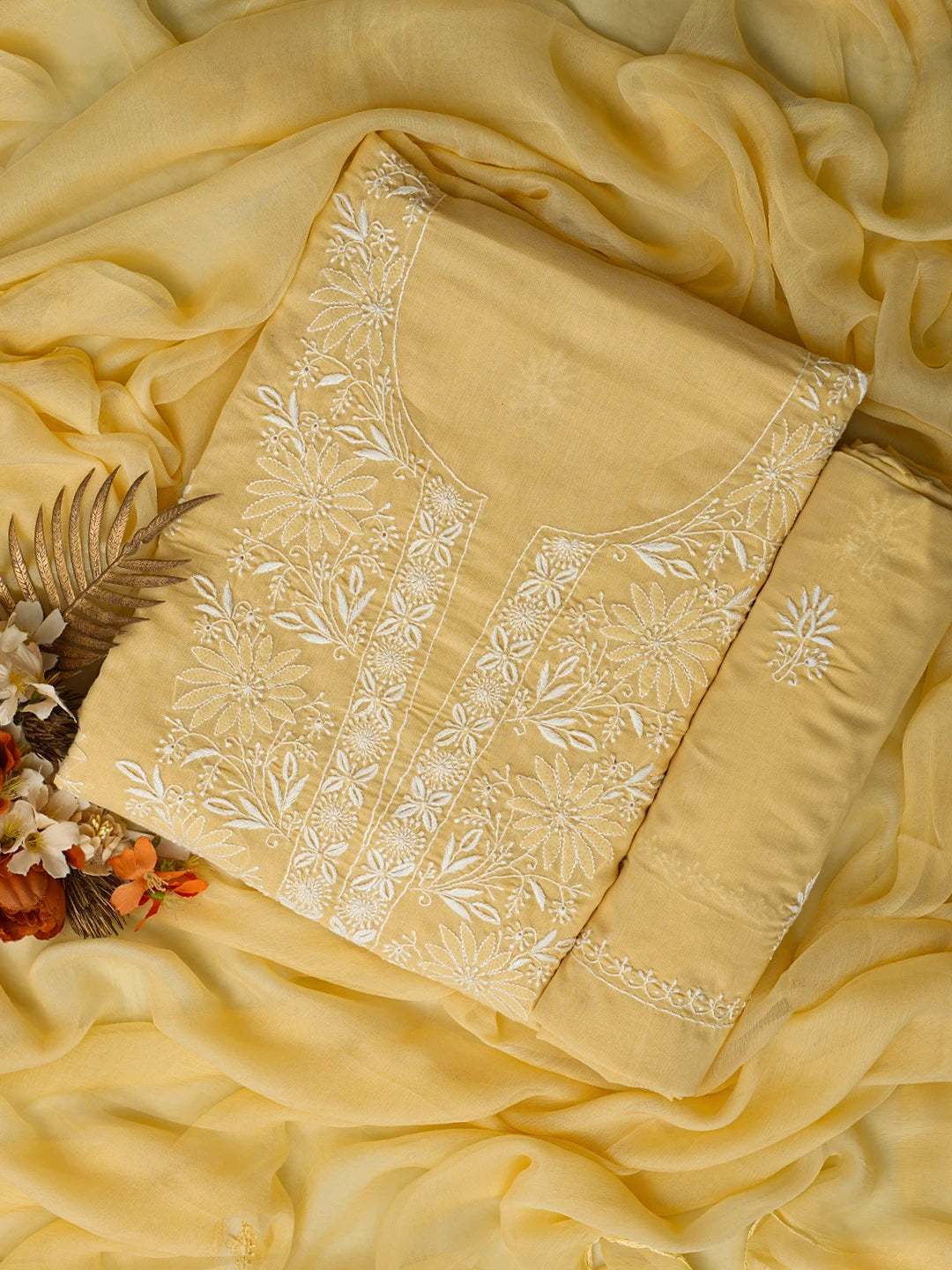 Ada Hand Embroidered Biscuit Yellow Cotton Lucknowi Chikankari Unstitched Suit Piece 01A773542