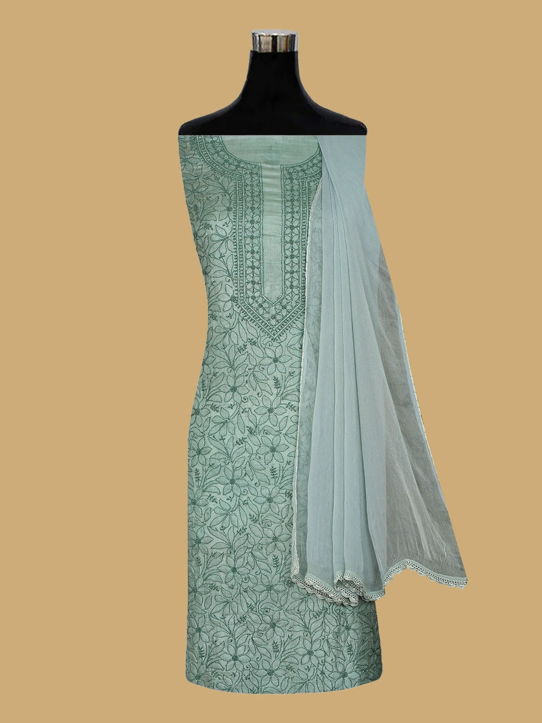 Ada Hand Embroidered Xanadu Grey Silk Lucknowi Chikankari Unstitched Suit Piece 01A626870
