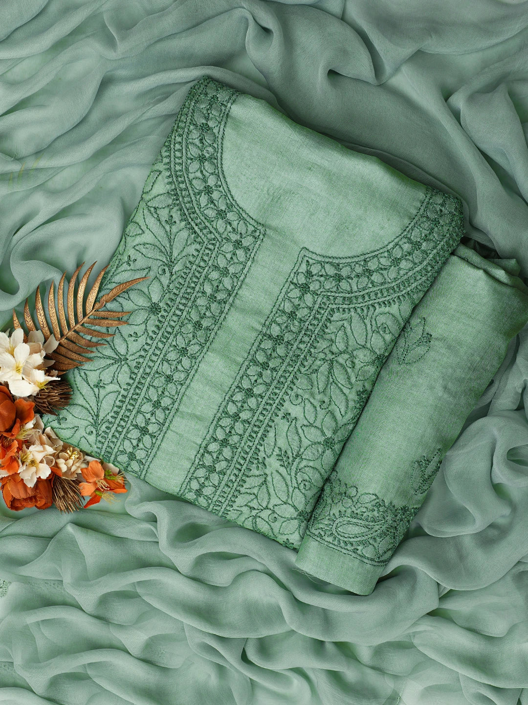 Ada Hand Embroidered Xanadu Grey Silk Lucknowi Chikankari Unstitched Suit Piece 01A626870