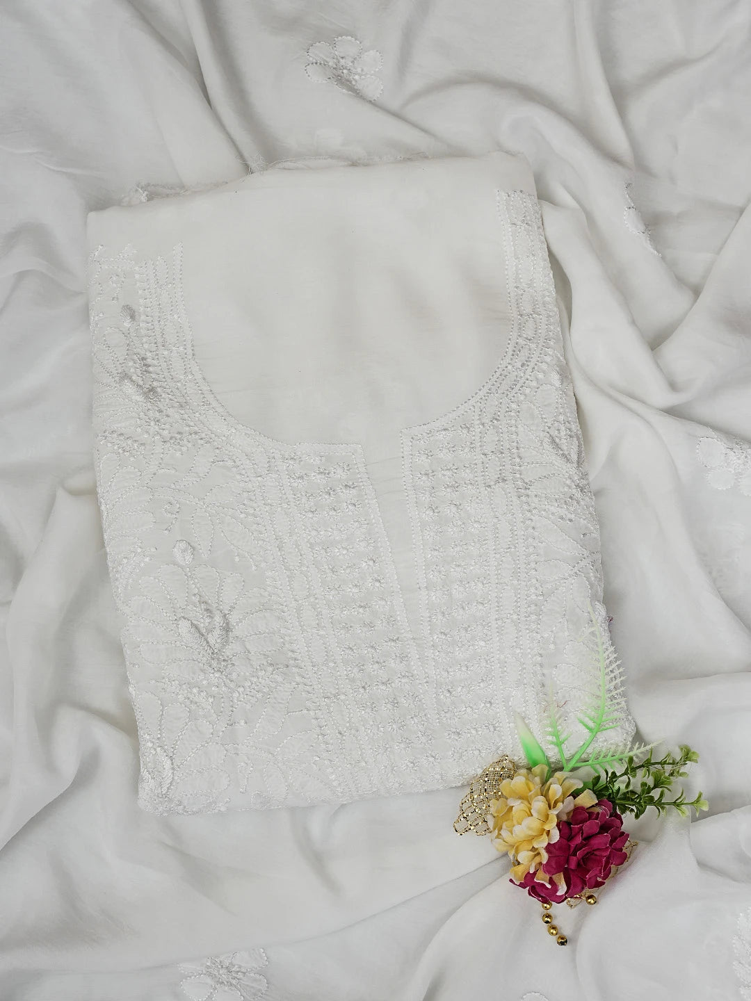 Ada Hand Embroidered White Muslin Lucknowi Chikankari Unstitched Kurta Dupatta Set 01A798315