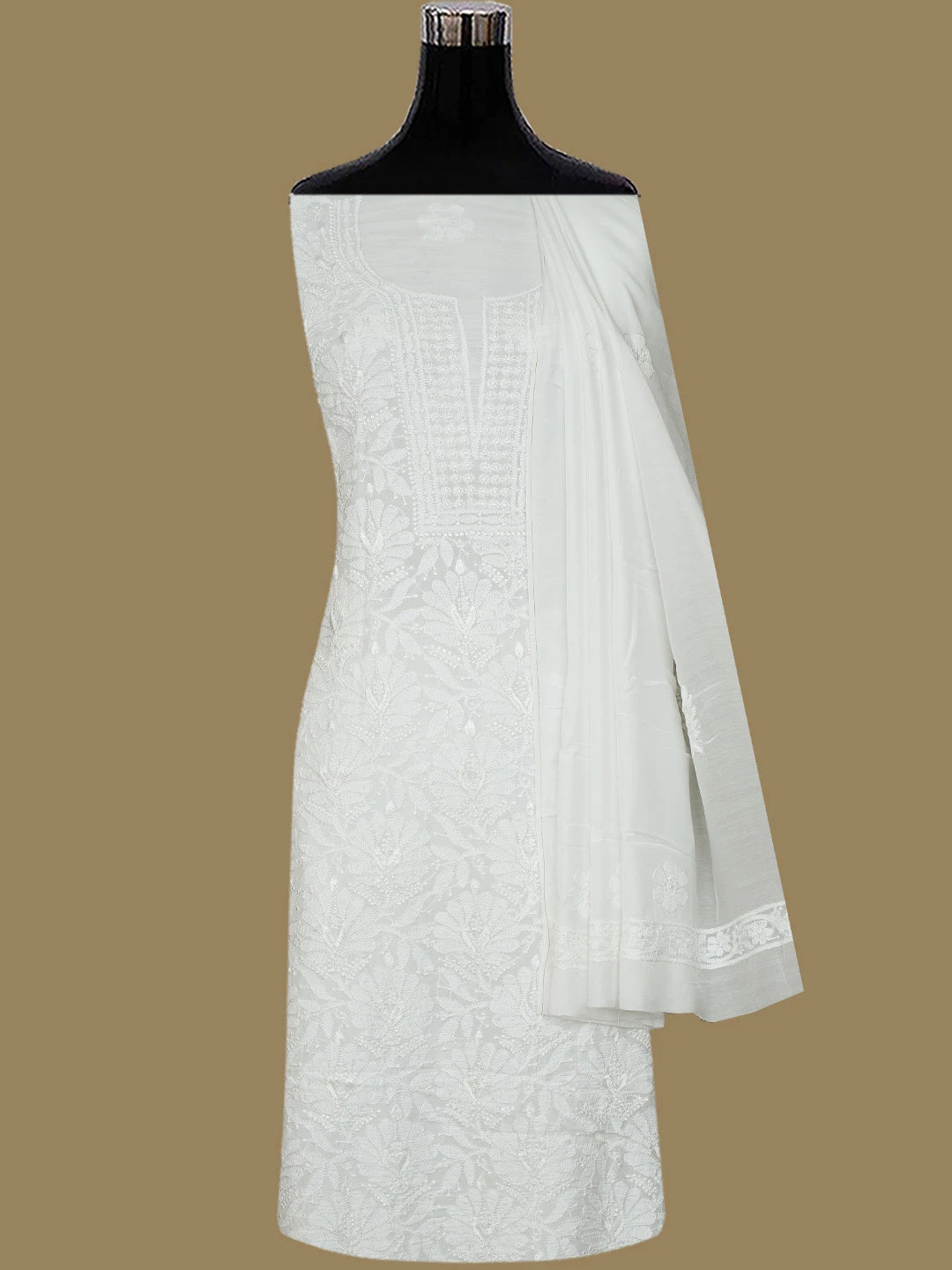 Ada Hand Embroidered White Muslin Lucknowi Chikankari Unstitched Kurta Dupatta Set 01A798315