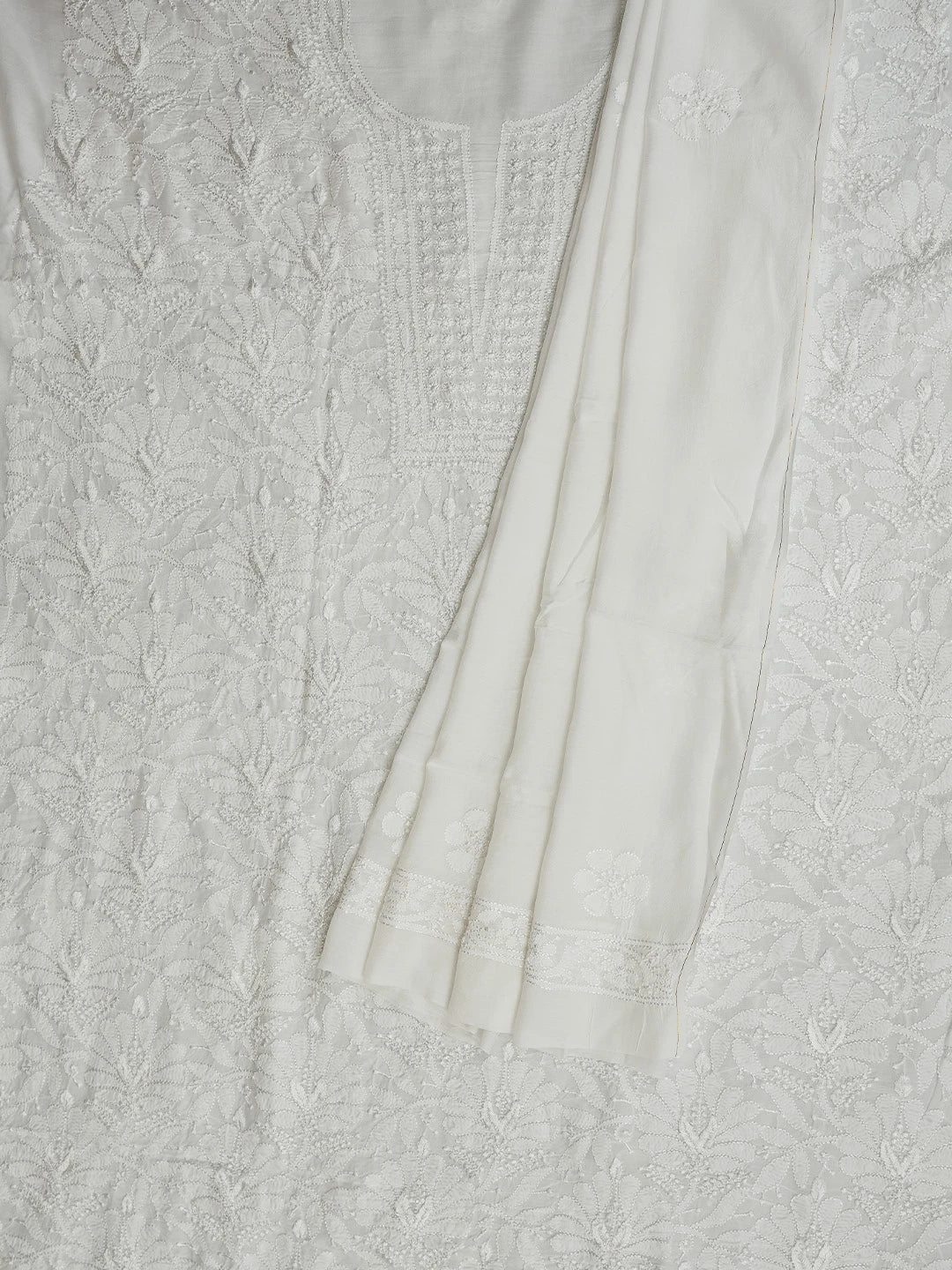 Ada Hand Embroidered White Muslin Lucknowi Chikankari Unstitched Kurta Dupatta Set 01A798315