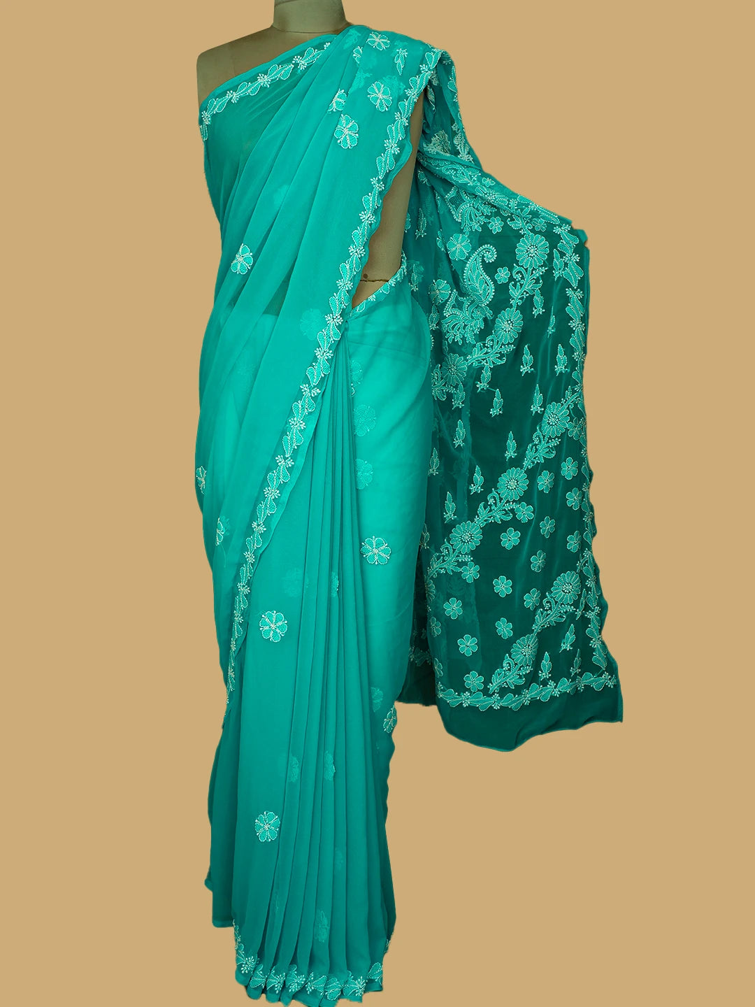 Ada Hand Embroidered Blue Georgette Lucknowi Chikankari Saree and Blouse 01A745773