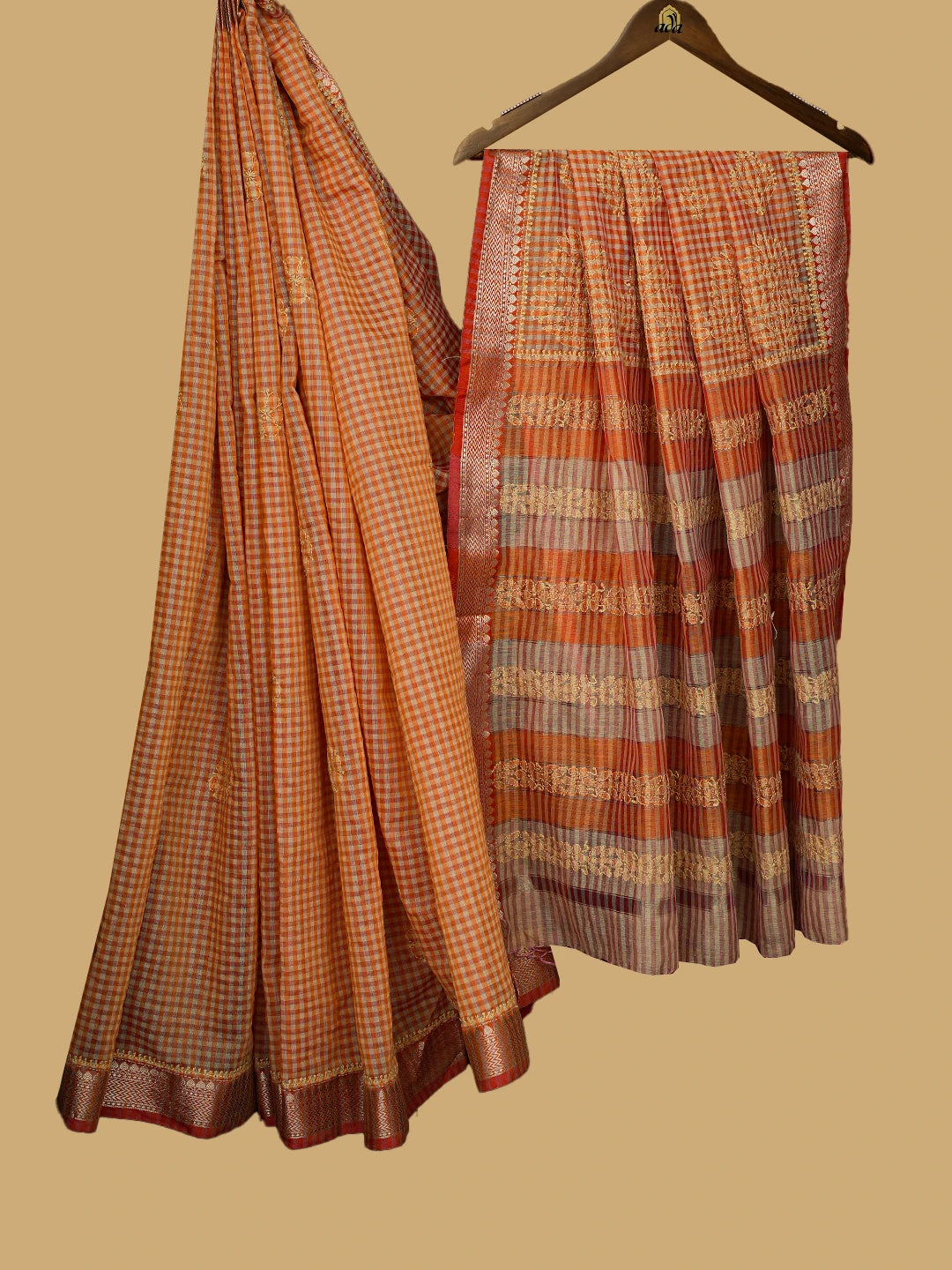Ada Hand Embroidered Orange Chanderi Lucknowi Chikankari Saree and Blouse 01A798659