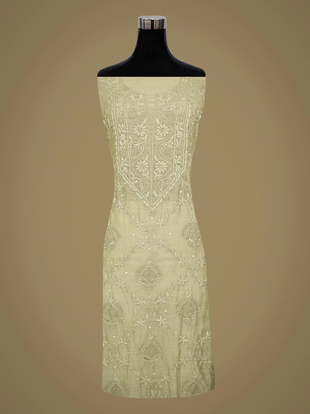 Ada Hand Embroidered Olive Green Chanderi Lucknowi Chikankari Unstitched Kurta Dupatta Set With Cutdana Work 01A741712