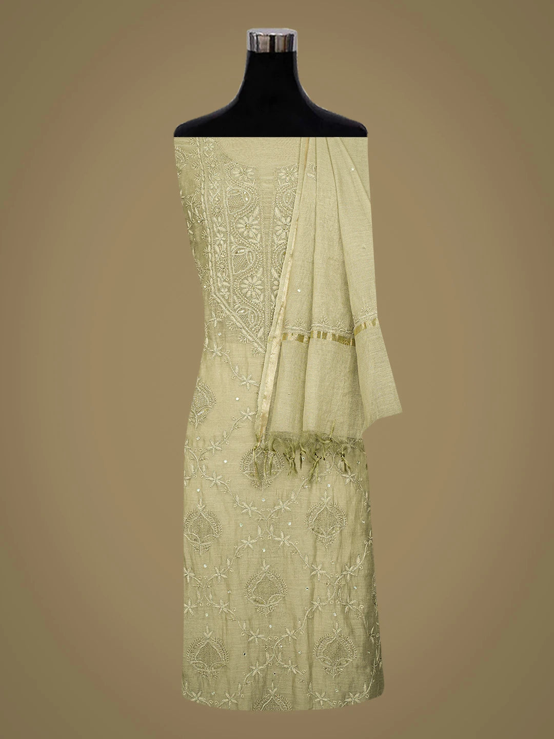 Ada Hand Embroidered Olive Green Chanderi Lucknowi Chikankari Unstitched Kurta Dupatta Set With Cutdana Work 01A741712