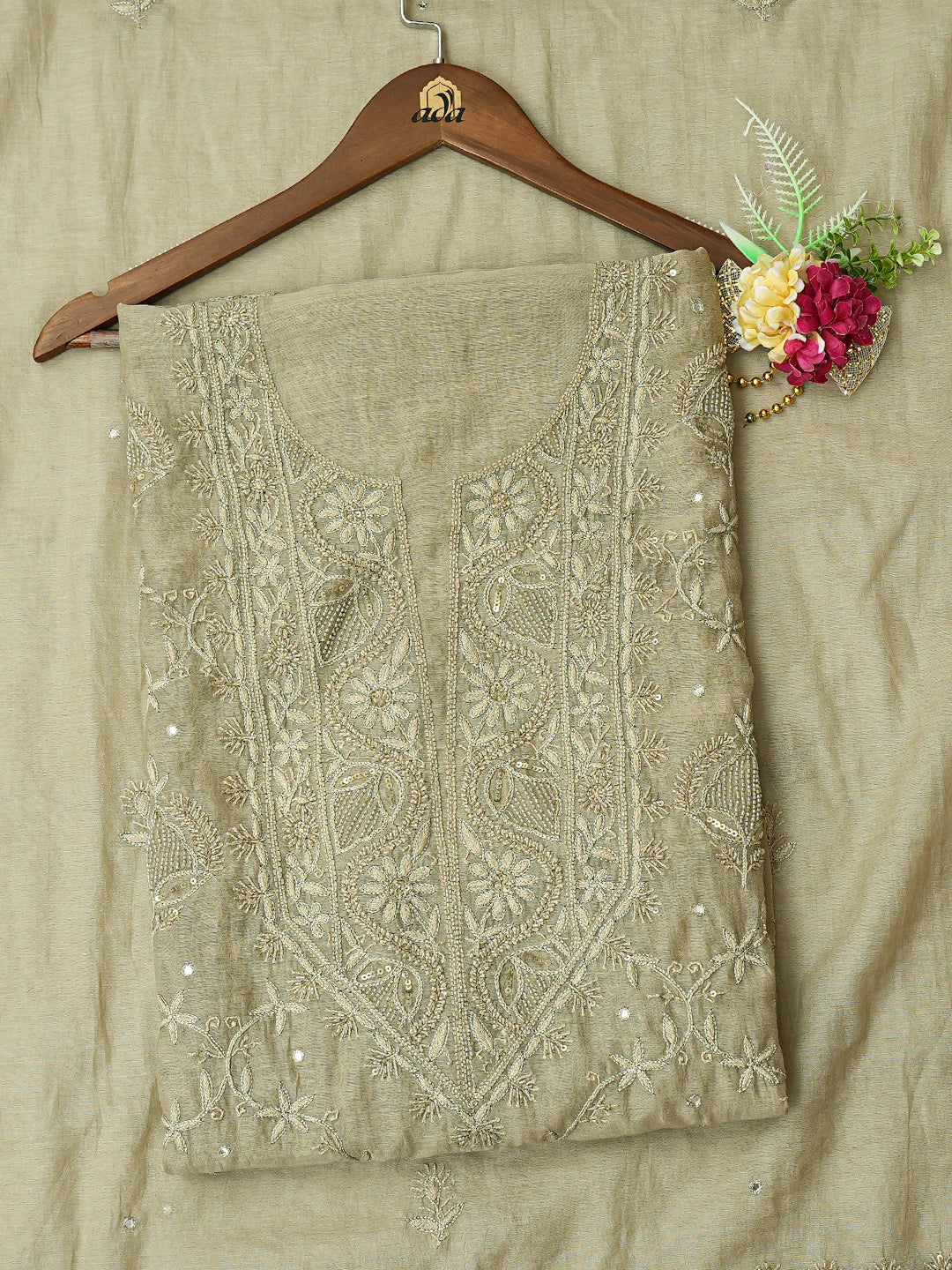 Ada Hand Embroidered Olive Green Chanderi Lucknowi Chikankari Unstitched Kurta Dupatta Set With Cutdana Work 01A741712