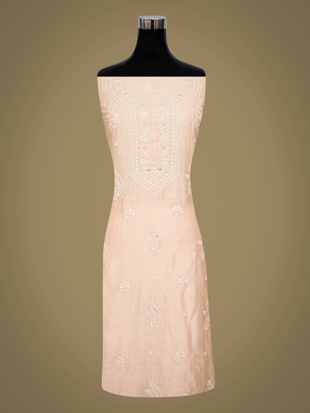 Ada Hand Embroidered Peach Chanderi Lucknowi Chikankari Unstitched Kurta Dupatta Set With Cutdana Work 01A753135