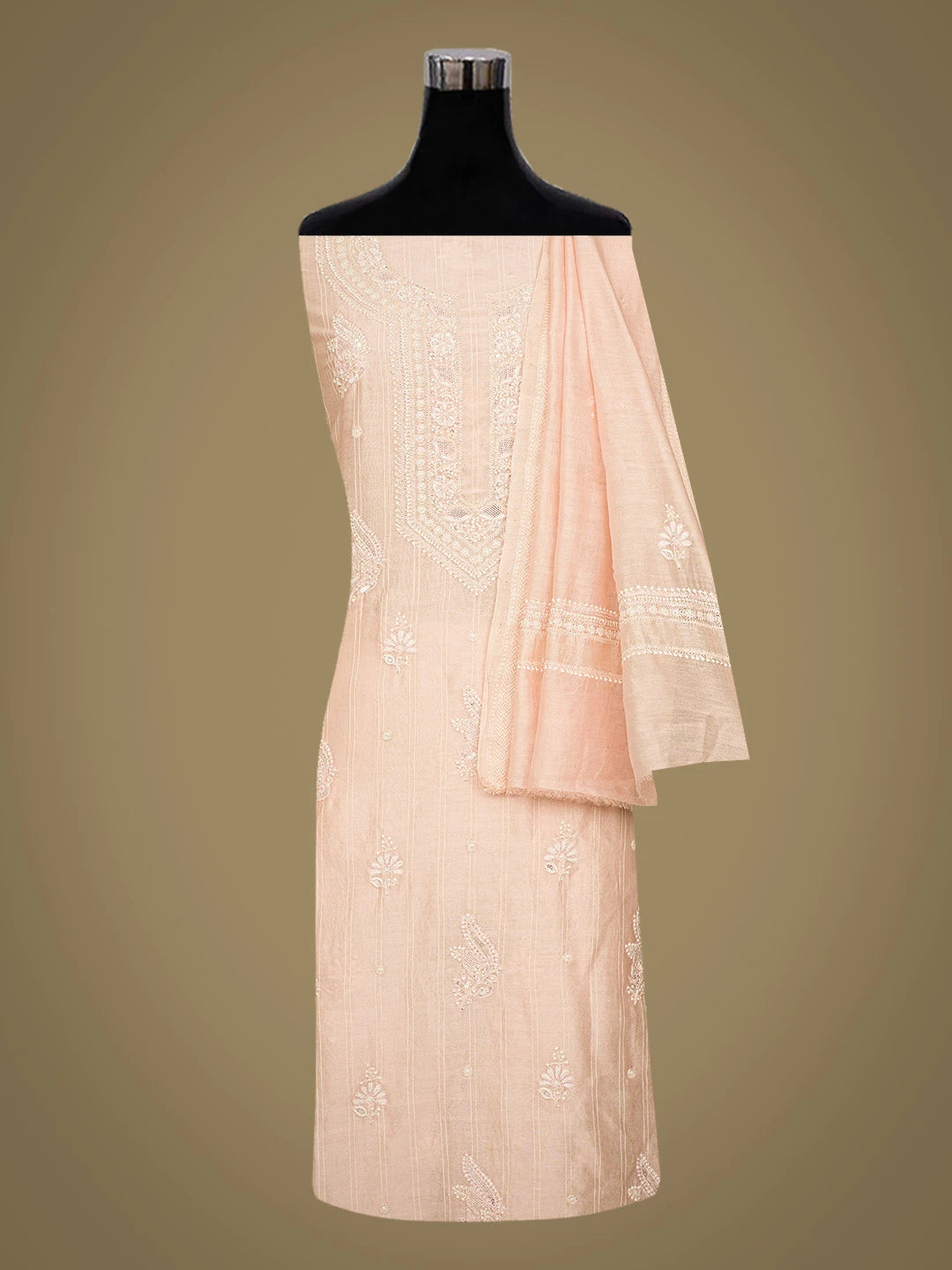 Ada Hand Embroidered Peach Chanderi Lucknowi Chikankari Unstitched Kurta Dupatta Set With Cutdana Work 01A753135