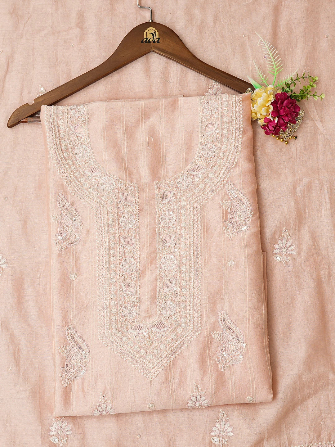 Ada Hand Embroidered Peach Chanderi Lucknowi Chikankari Unstitched Kurta Dupatta Set With Cutdana Work 01A753135