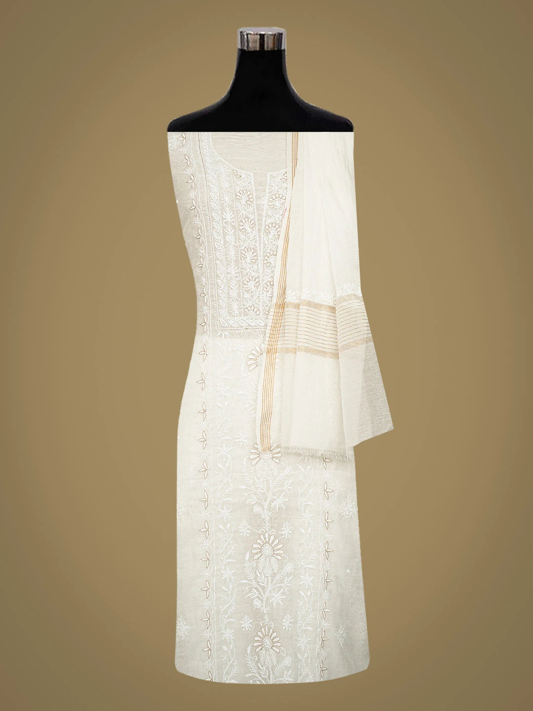 Ada Hand Embroidered White Chanderi Lucknowi Chikankari Unstitched Kurta Dupatta Set With Cutdana Work 01A784524