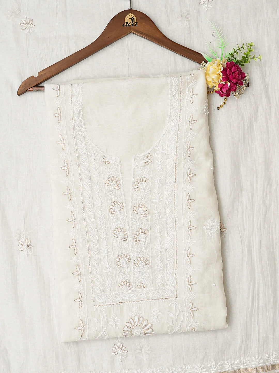 Ada Hand Embroidered White Chanderi Lucknowi Chikankari Unstitched Kurta Dupatta Set With Cutdana Work 01A784524