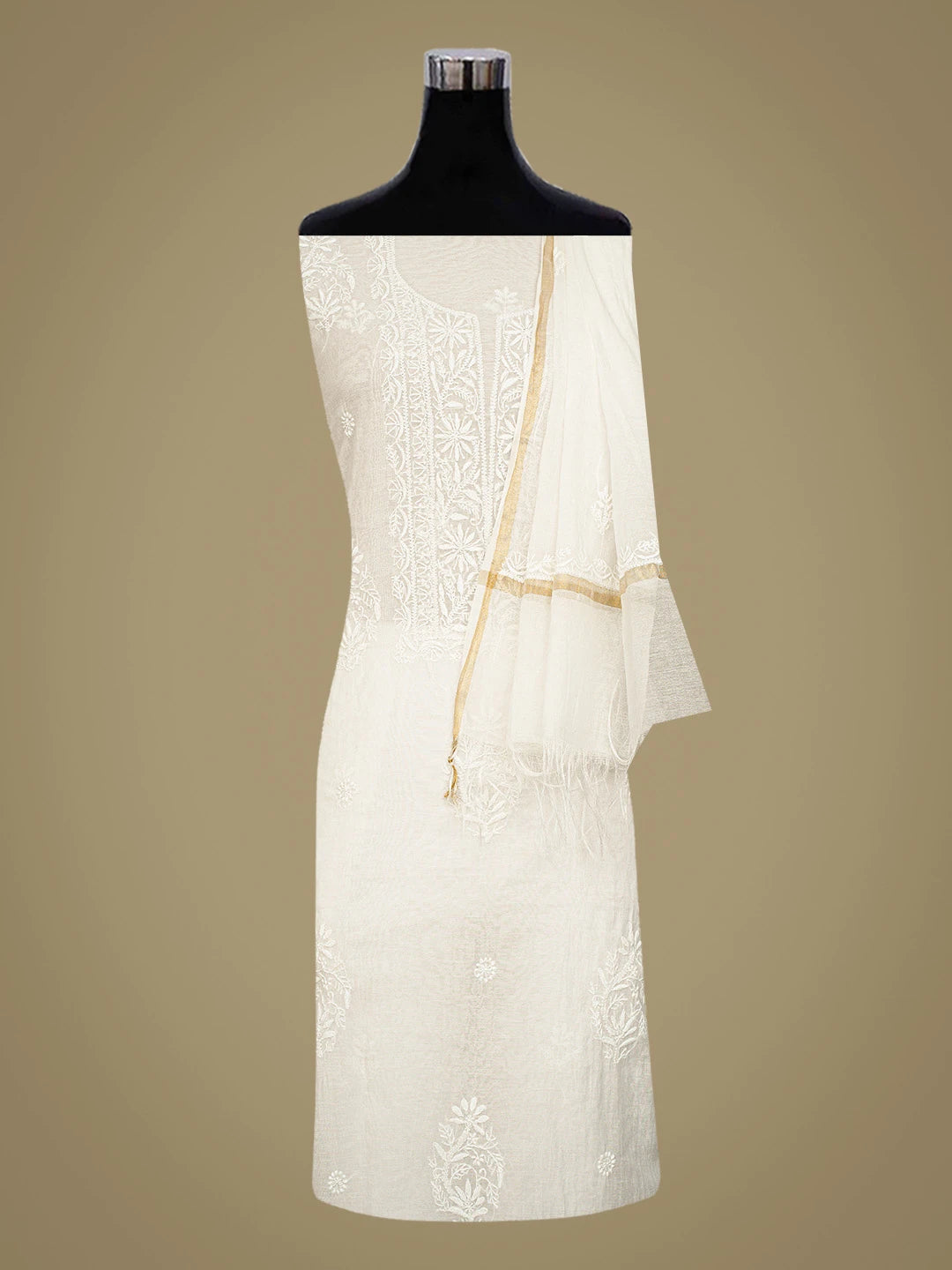 Ada Hand Embroidered White Chanderi Lucknowi Chikankari Unstitched Kurta Dupatta Set 01A701919
