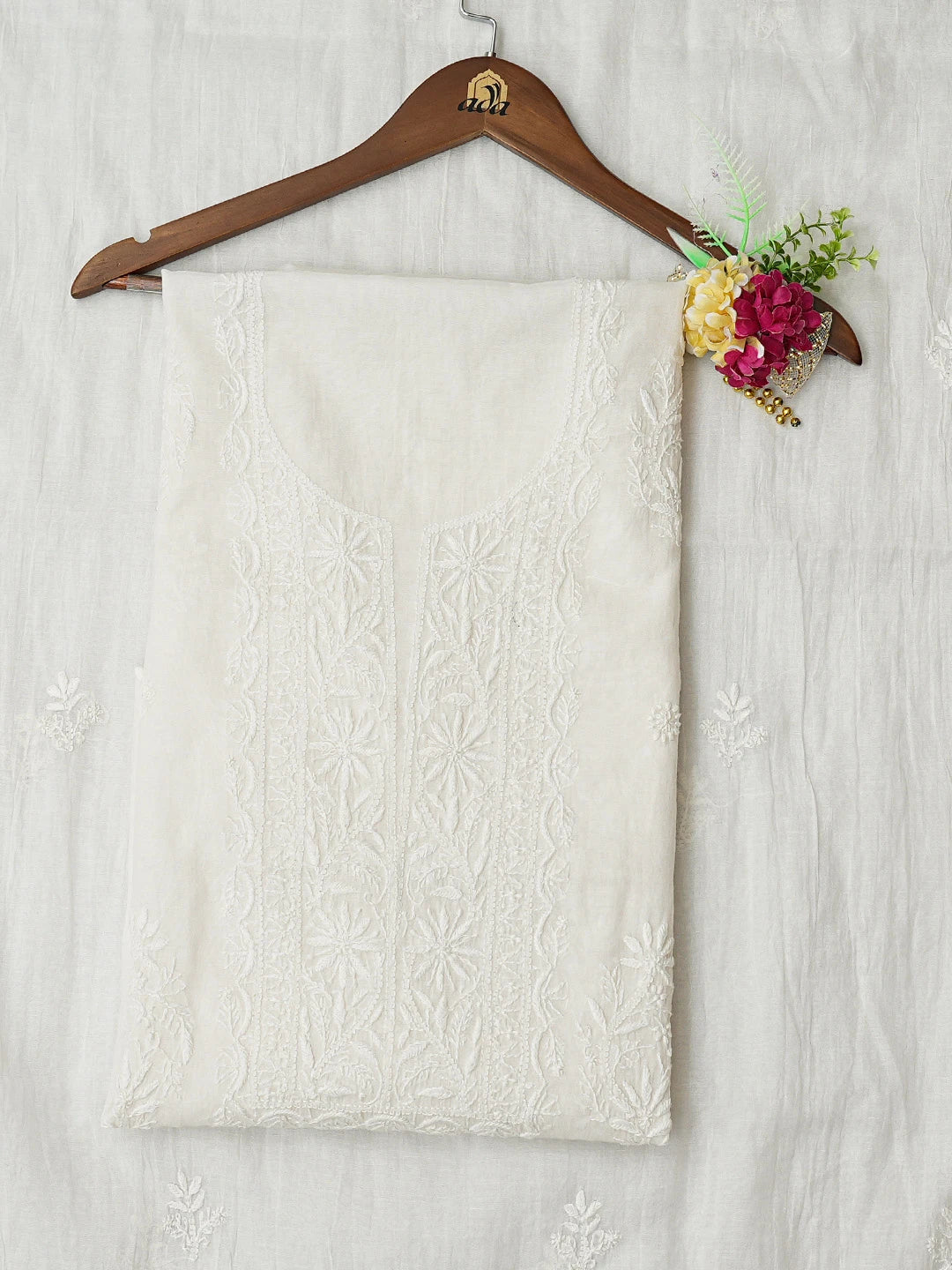 Ada Hand Embroidered White Chanderi Lucknowi Chikankari Unstitched Kurta Dupatta Set 01A701919