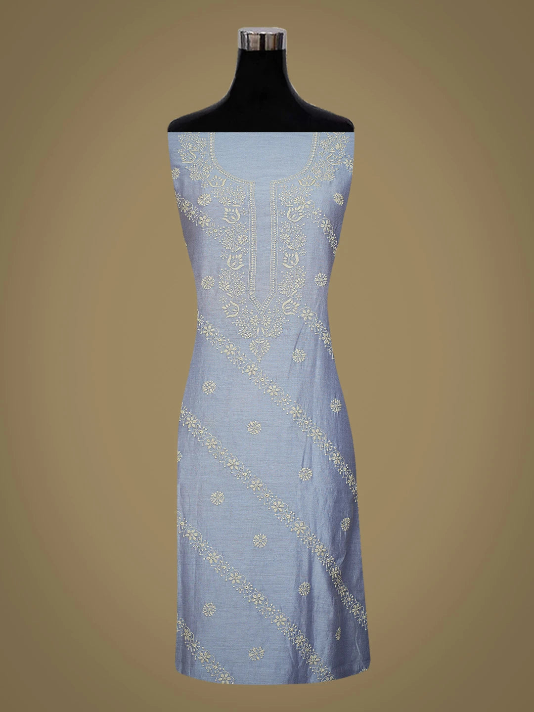 Ada Hand Embroidered Glaucous Blue Chanderi Lucknowi Chikankari Unstitched Kurta Dupatta Set 01A785623