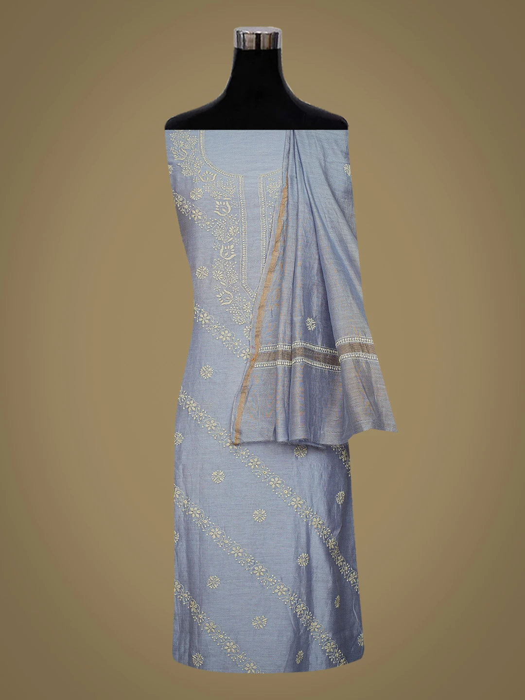 Ada Hand Embroidered Glaucous Blue Chanderi Lucknowi Chikankari Unstitched Kurta Dupatta Set 01A785623
