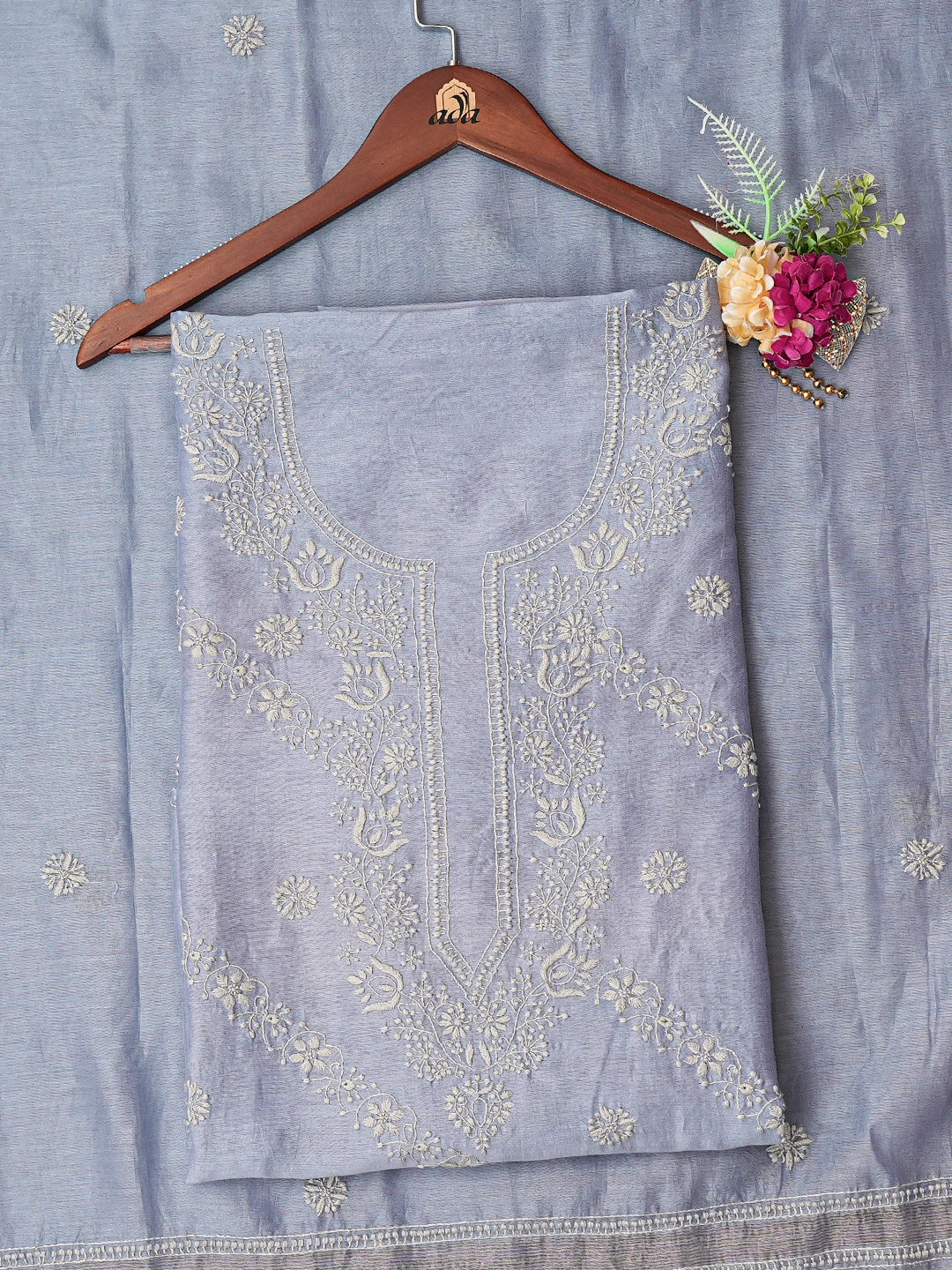 Ada Hand Embroidered Glaucous Blue Chanderi Lucknowi Chikankari Unstitched Kurta Dupatta Set 01A785623
