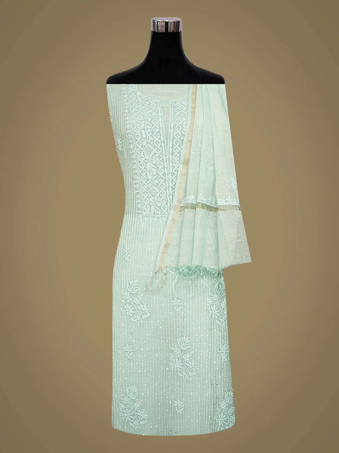 Ada Hand Embroidered Light Teal Green Chanderi Lucknowi Chikankari Unstitched Kurta Dupatta Set 01A798399