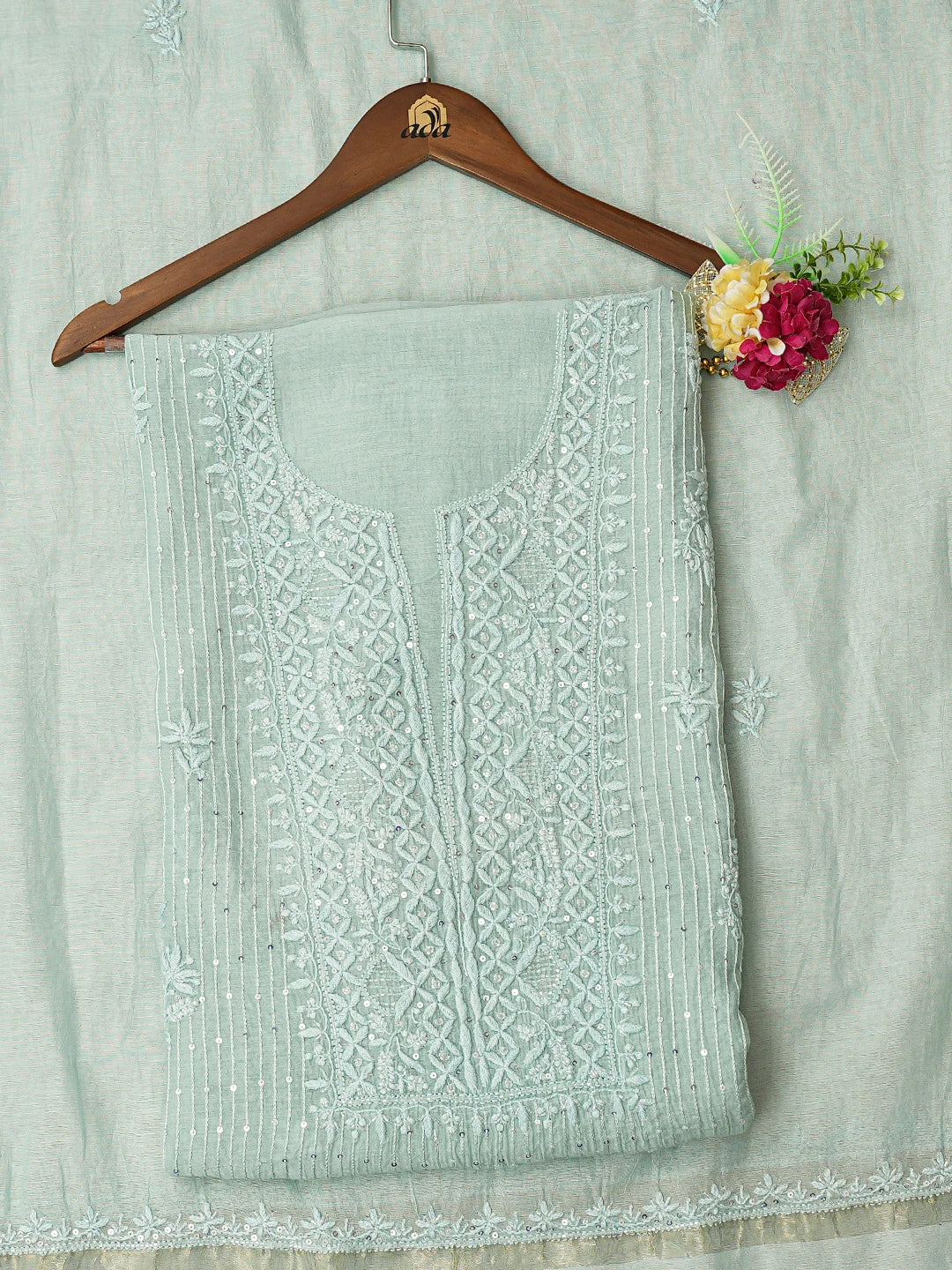 Ada Hand Embroidered Light Teal Green Chanderi Lucknowi Chikankari Unstitched Kurta Dupatta Set 01A798399