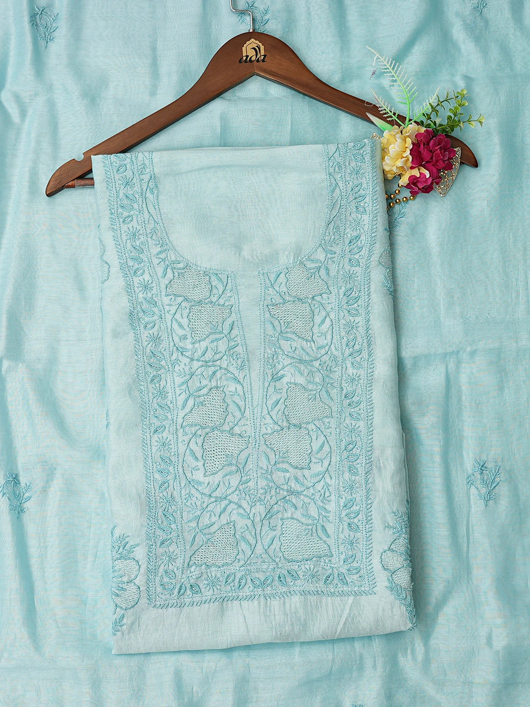 Ada Hand Embroidered Sky Blue Chanderi Lucknowi Chikankari Unstitched Kurta Dupatta Set 01A762439