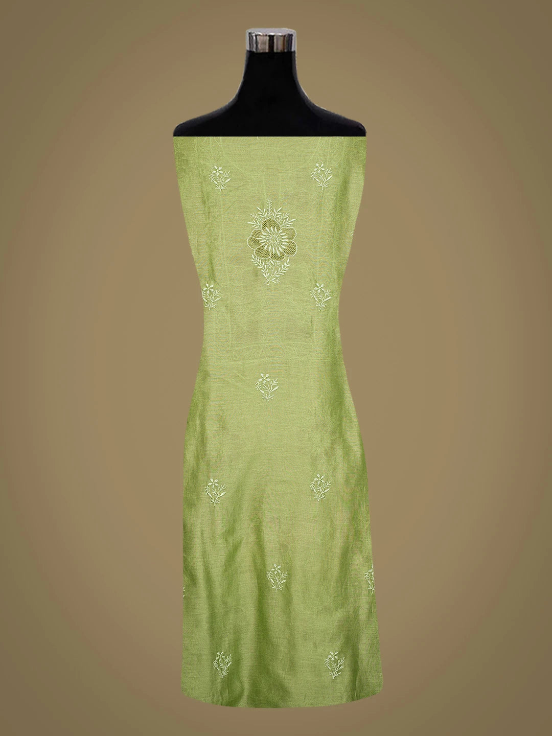Ada Hand Embroidered Green Chanderi Lucknowi Chikankari Unstitched Kurta Dupatta Set 01A780668