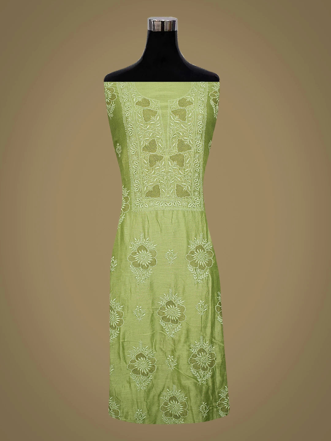 Ada Hand Embroidered Green Chanderi Lucknowi Chikankari Unstitched Kurta Dupatta Set 01A780668