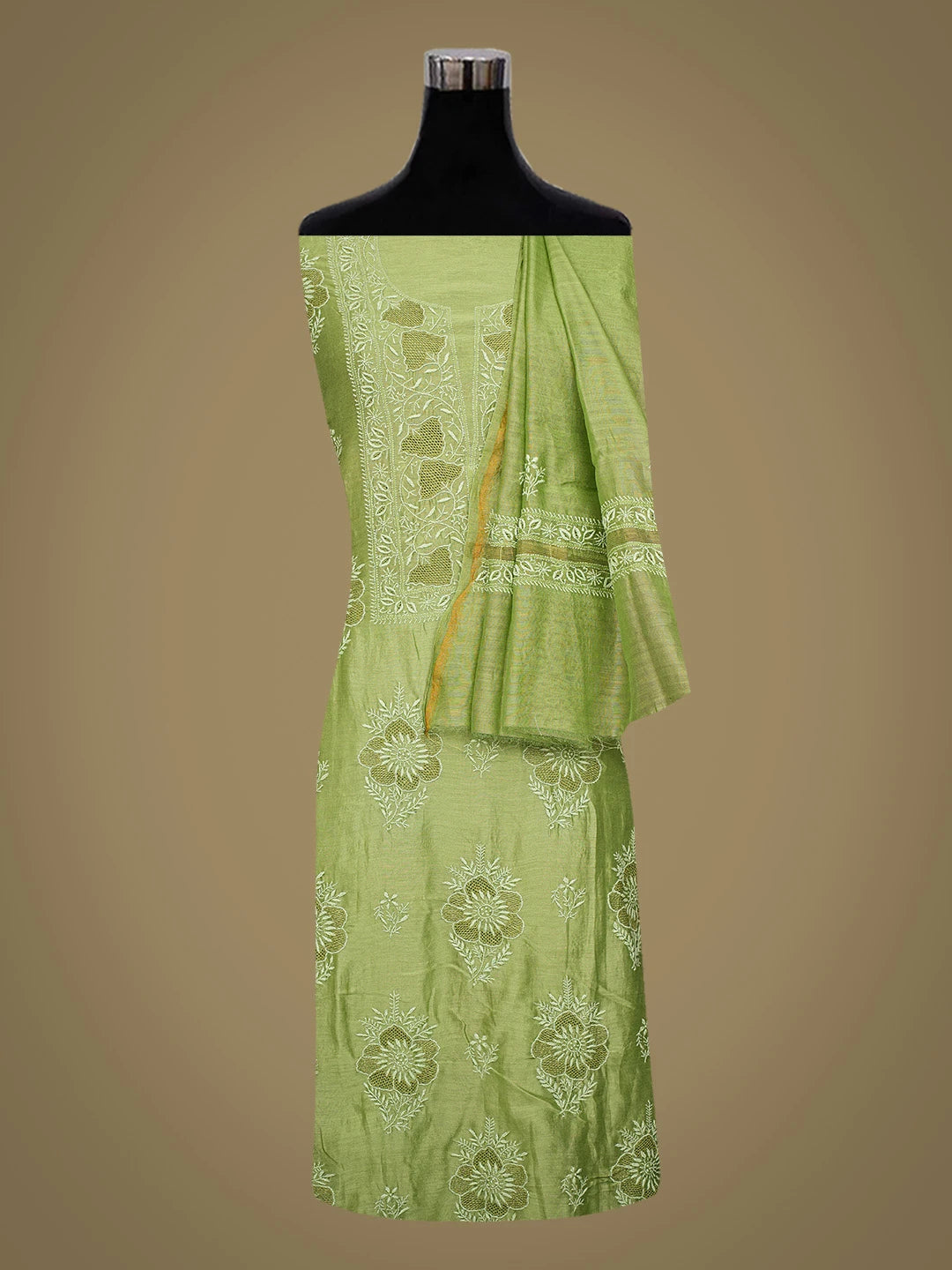 Ada Hand Embroidered Green Chanderi Lucknowi Chikankari Unstitched Kurta Dupatta Set 01A780668