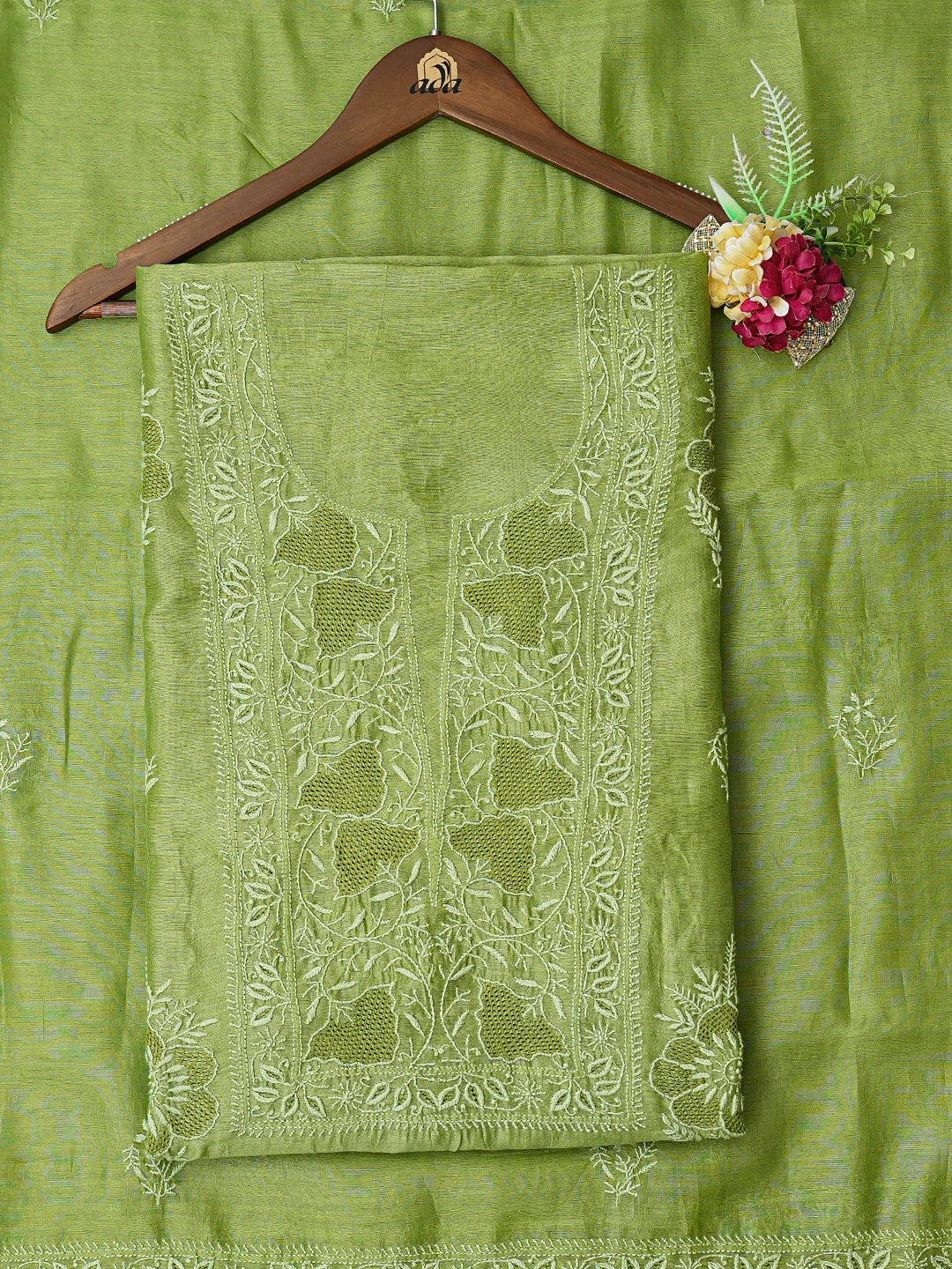Ada Hand Embroidered Green Chanderi Lucknowi Chikankari Unstitched Kurta Dupatta Set 01A780668