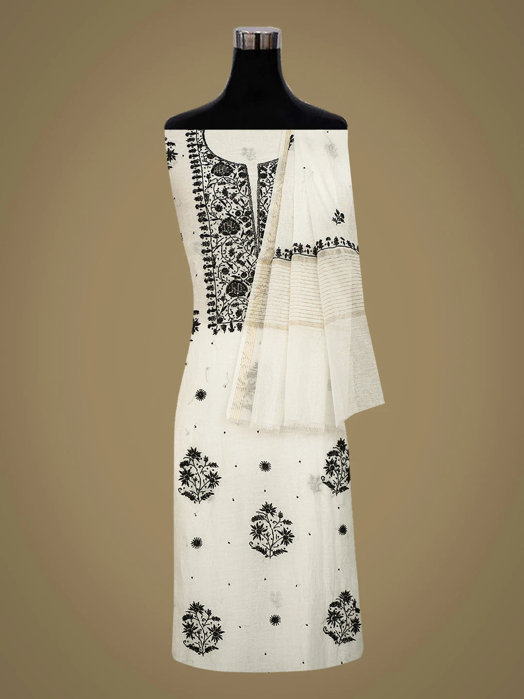 Ada Hand Embroidered White Chanderi Lucknowi Chikankari Unstitched Kurta Dupatta Set With Cutdana Work 01A778606