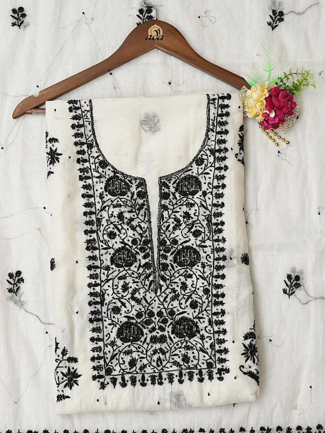 Ada Hand Embroidered White Chanderi Lucknowi Chikankari Unstitched Kurta Dupatta Set With Cutdana Work 01A778606