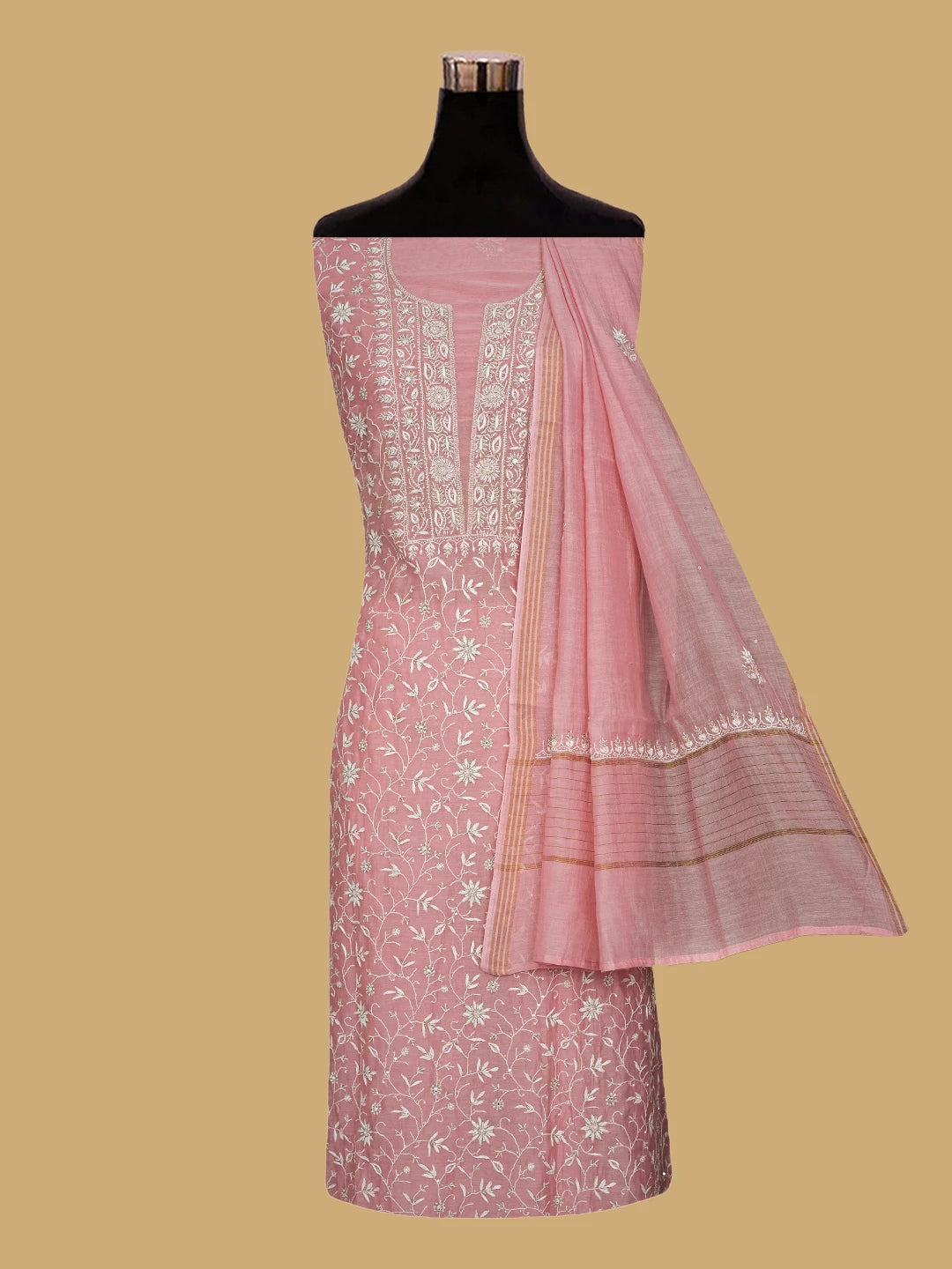 Ada Hand Embroidered Peach Chanderi Lucknowi Chikankari Unstitched Kurta Dupatta Set With Cutdana Work 01A712235