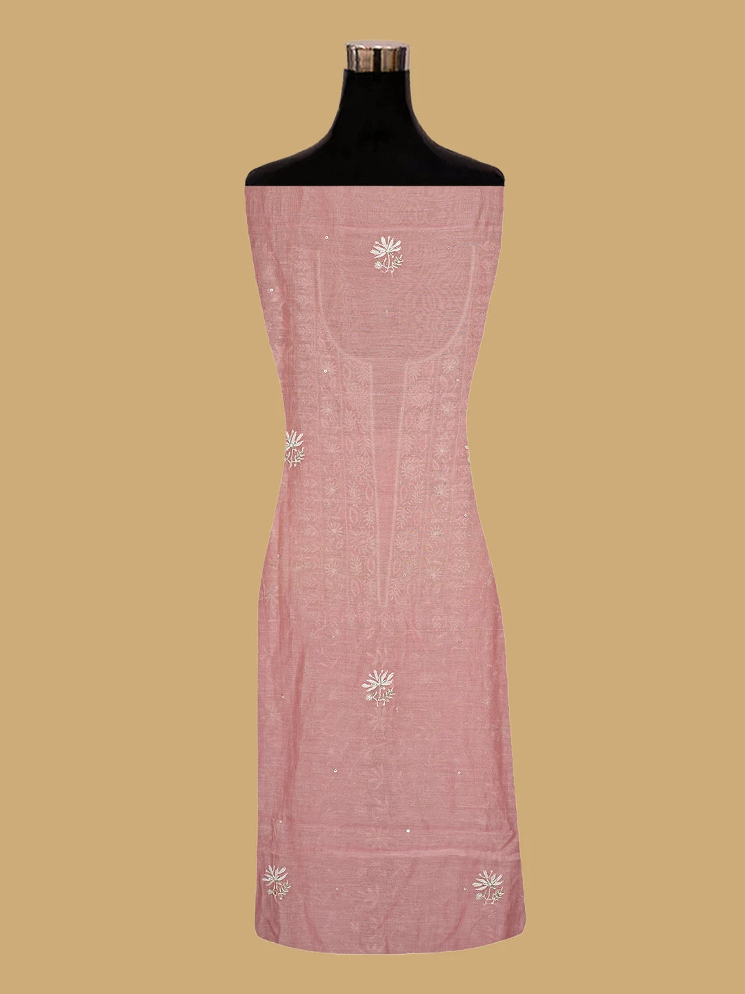 Ada Hand Embroidered Peach Chanderi Lucknowi Chikankari Unstitched Kurta Dupatta Set With Cutdana Work 01A712235