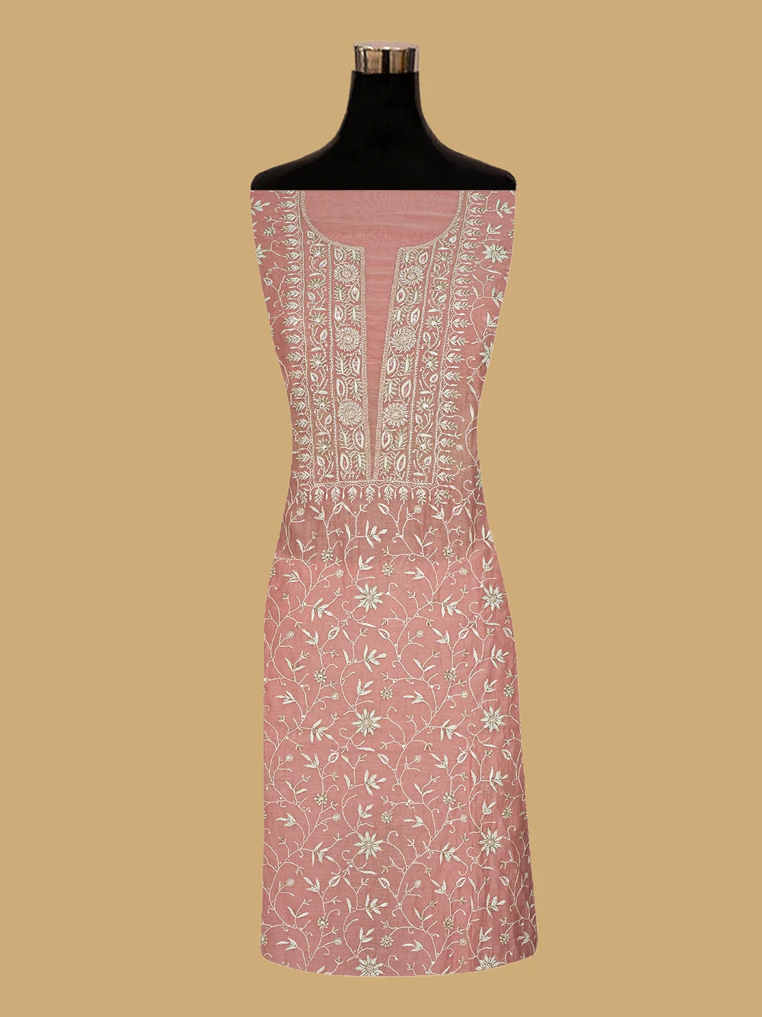 Ada Hand Embroidered Peach Chanderi Lucknowi Chikankari Unstitched Kurta Dupatta Set With Cutdana Work 01A712235