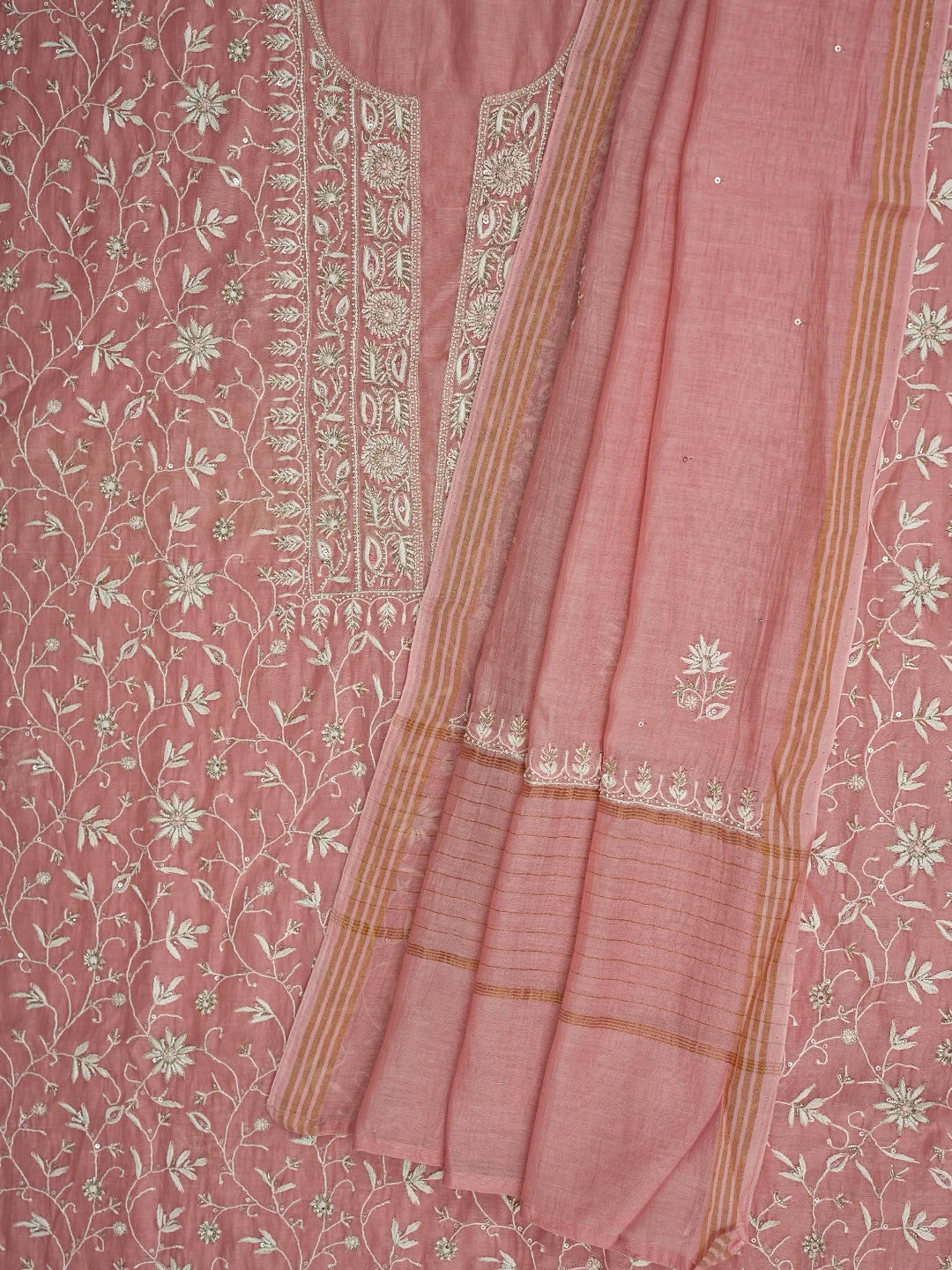 Ada Hand Embroidered Peach Chanderi Lucknowi Chikankari Unstitched Kurta Dupatta Set With Cutdana Work 01A712235