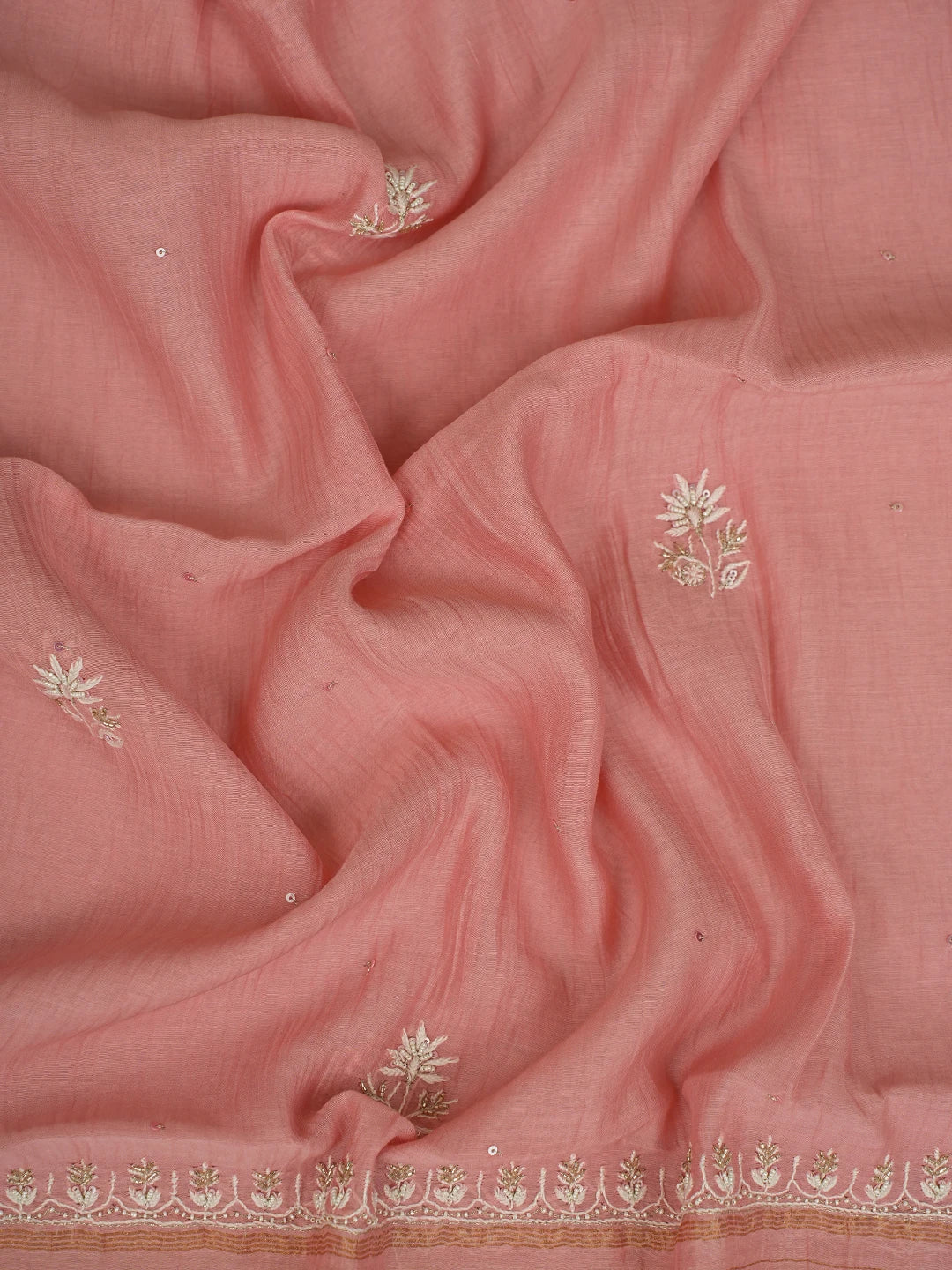 Ada Hand Embroidered Peach Chanderi Lucknowi Chikankari Unstitched Kurta Dupatta Set With Cutdana Work 01A712235