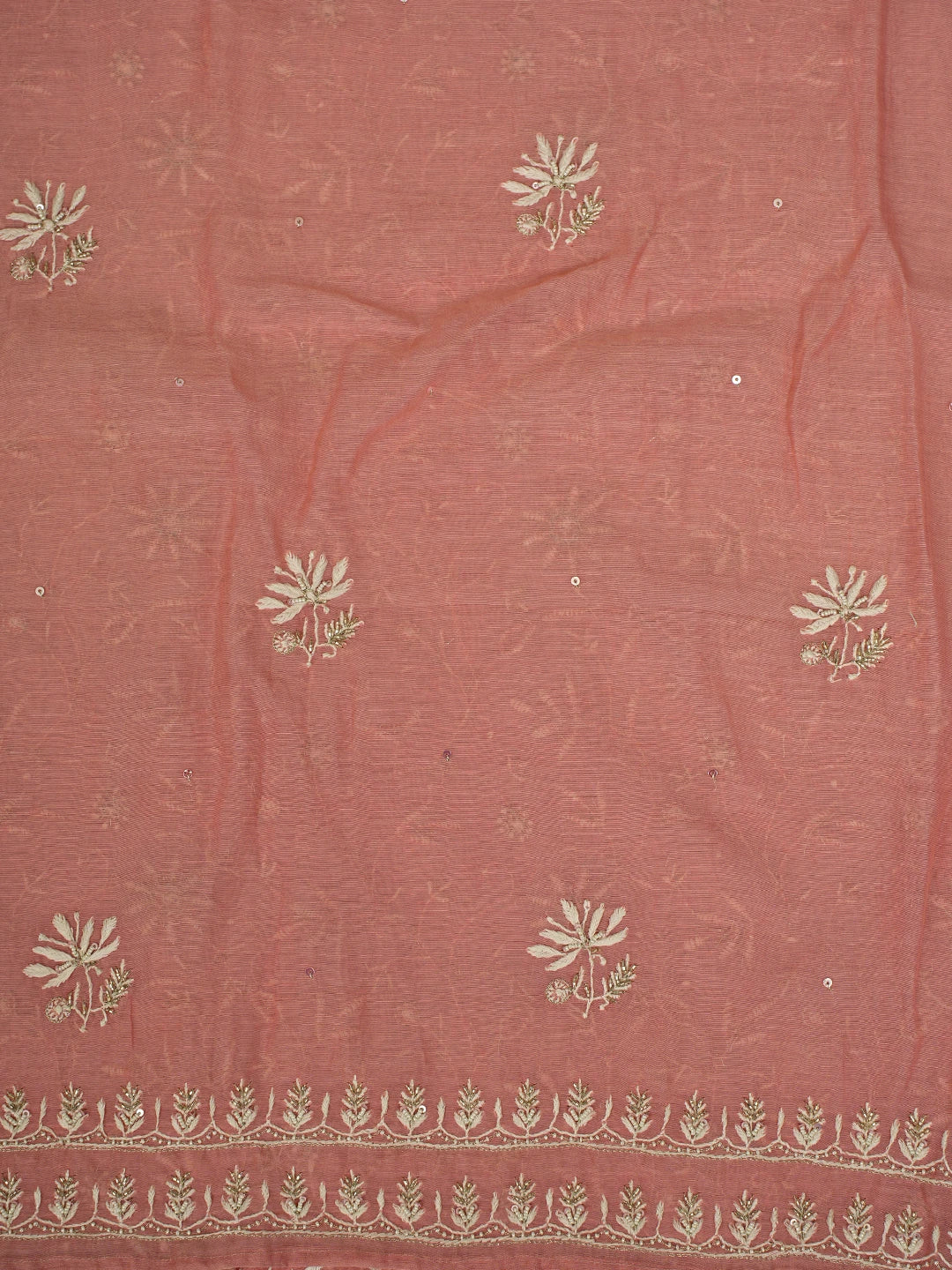 Ada Hand Embroidered Peach Chanderi Lucknowi Chikankari Unstitched Kurta Dupatta Set With Cutdana Work 01A712235