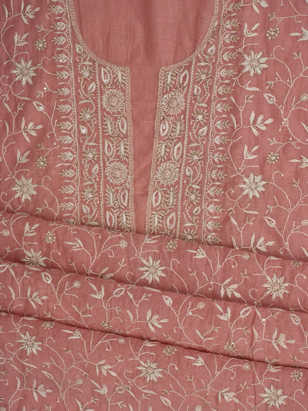 Ada Hand Embroidered Peach Chanderi Lucknowi Chikankari Unstitched Kurta Dupatta Set With Cutdana Work 01A712235