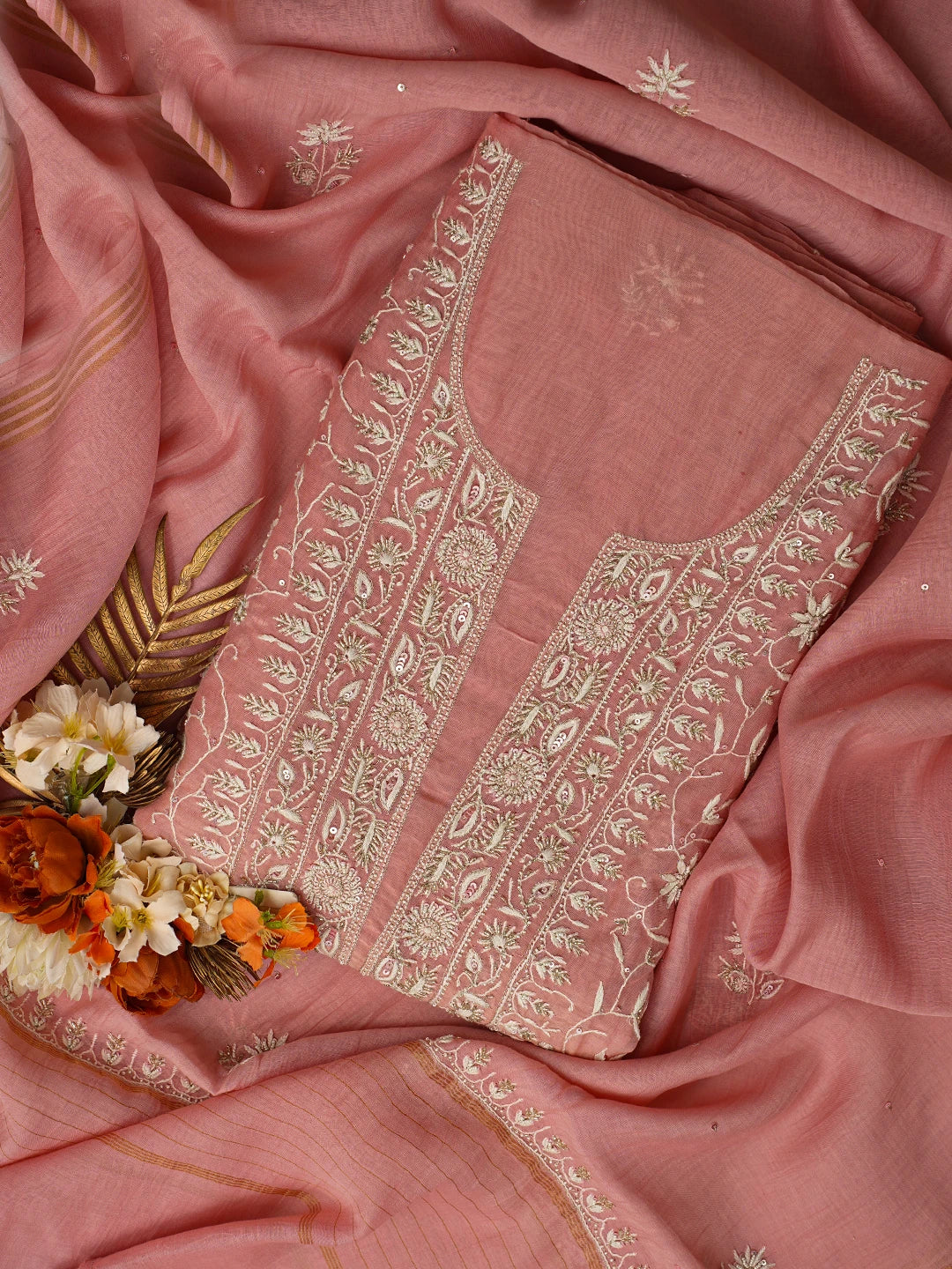 Ada Hand Embroidered Peach Chanderi Lucknowi Chikankari Unstitched Kurta Dupatta Set With Cutdana Work 01A712235