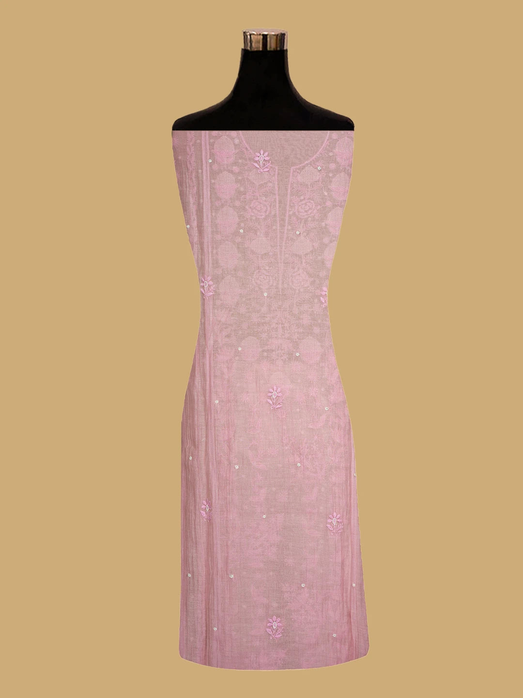 Ada Hand Embroidered Pink Chanderi Lucknowi Chikankari Semi-Stitched Kurta Dupatta Set With Pearl Work 01A700385