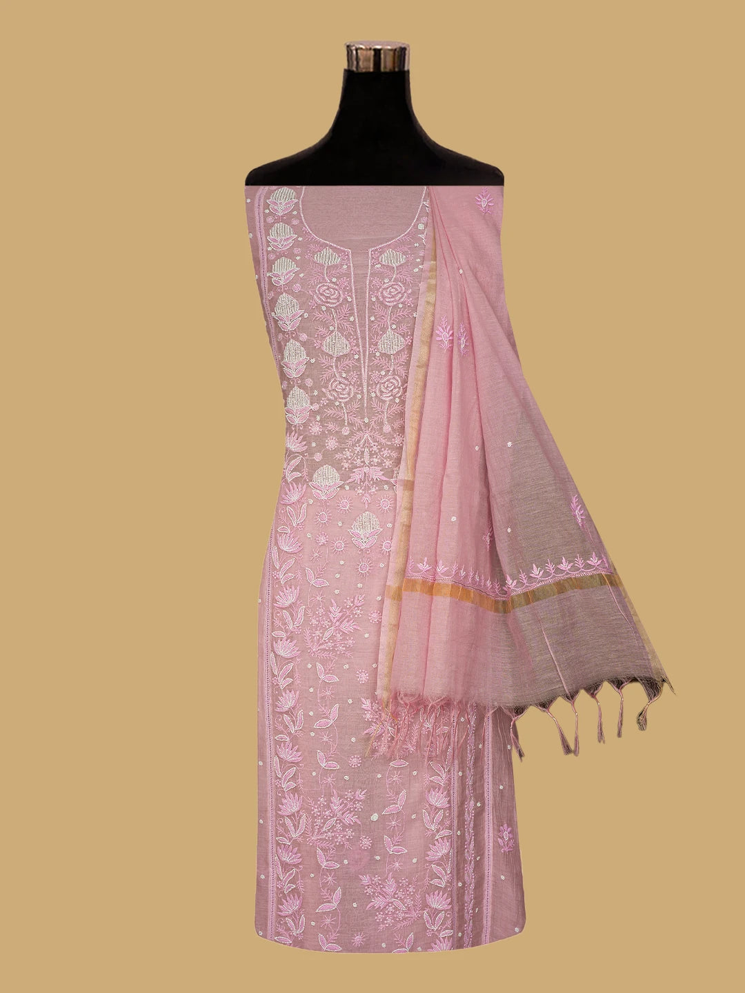 Ada Hand Embroidered Pink Chanderi Lucknowi Chikankari Semi-Stitched Kurta Dupatta Set With Pearl Work 01A700385