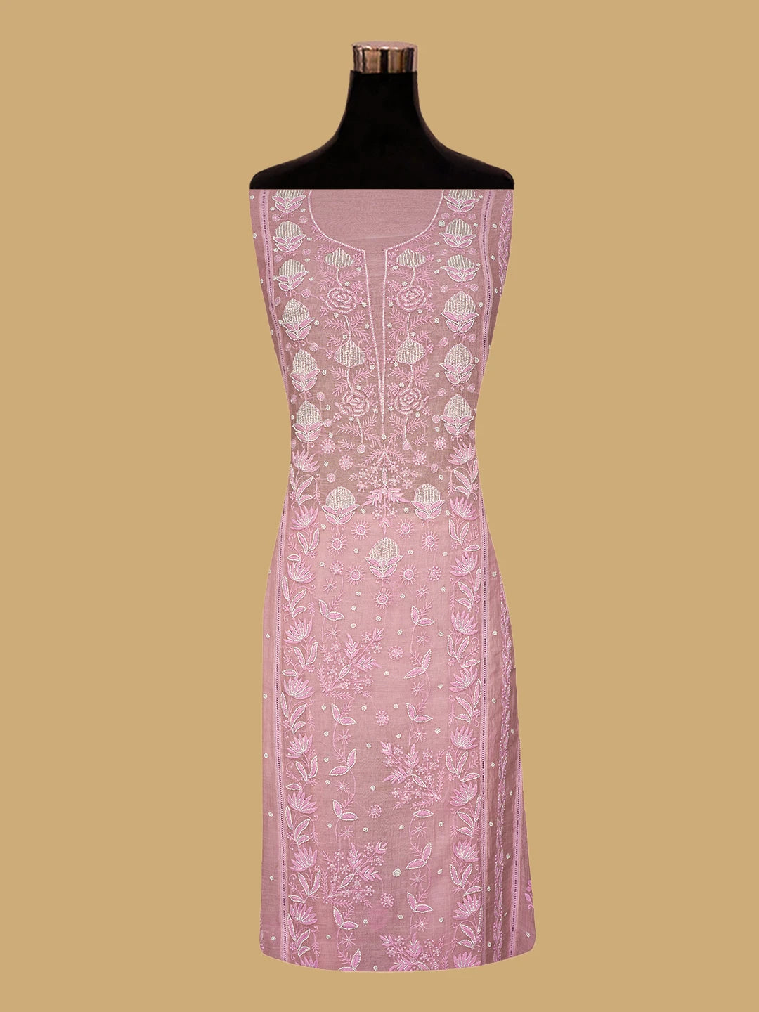 Ada Hand Embroidered Pink Chanderi Lucknowi Chikankari Semi-Stitched Kurta Dupatta Set With Pearl Work 01A700385