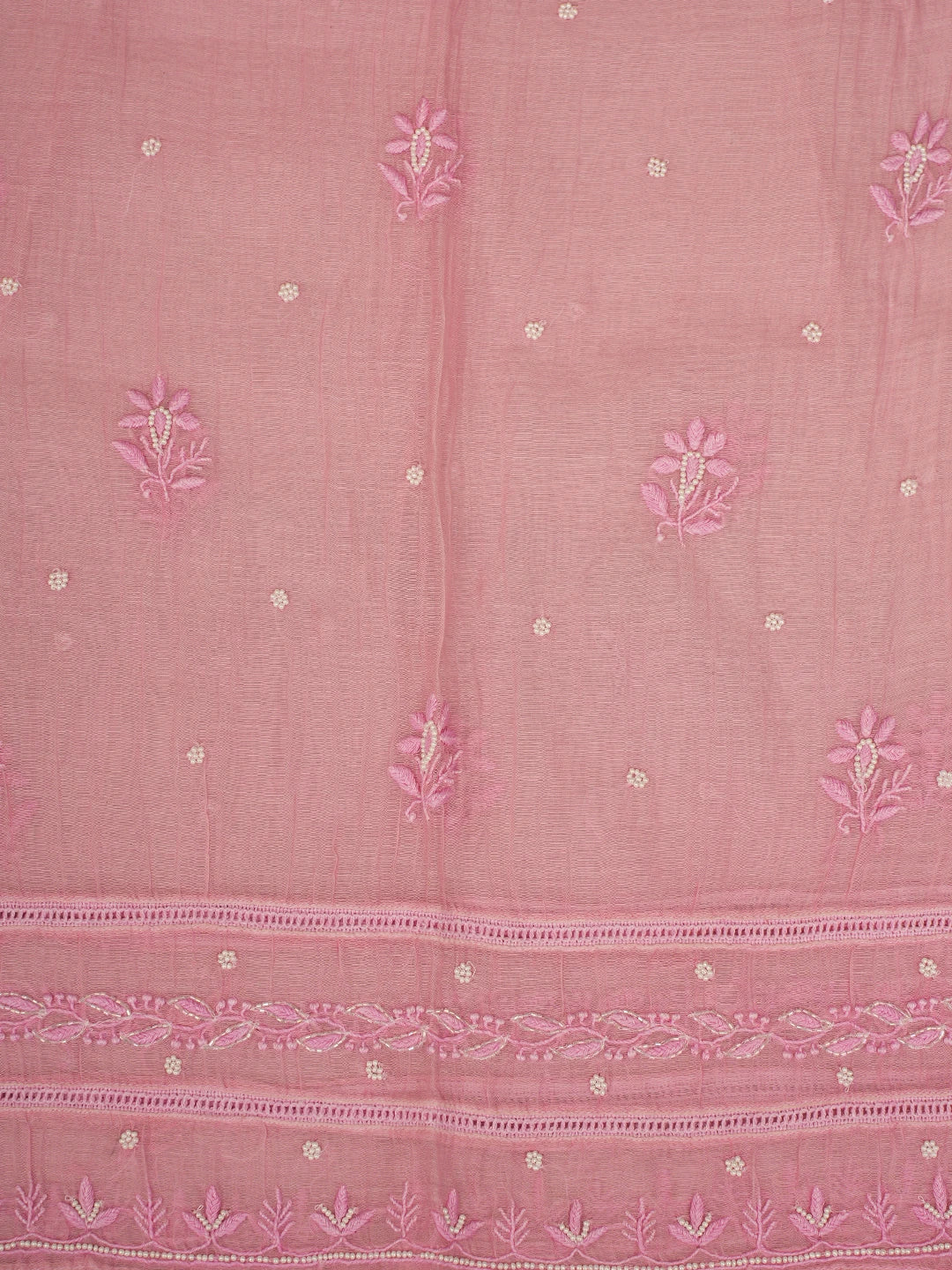 Ada Hand Embroidered Pink Chanderi Lucknowi Chikankari Semi-Stitched Kurta Dupatta Set With Pearl Work 01A700385