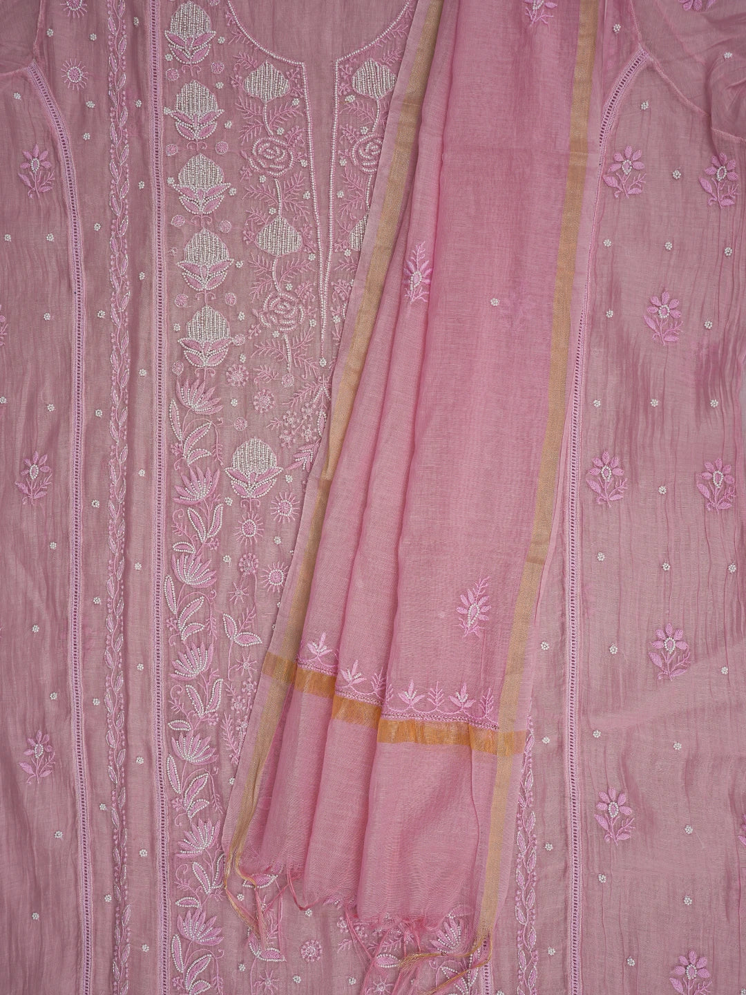 Ada Hand Embroidered Pink Chanderi Lucknowi Chikankari Semi-Stitched Kurta Dupatta Set With Pearl Work 01A700385