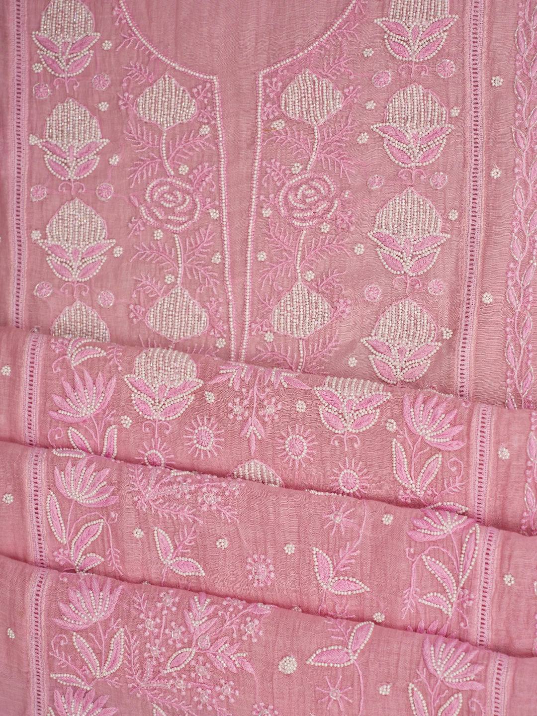 Ada Hand Embroidered Pink Chanderi Lucknowi Chikankari Semi-Stitched Kurta Dupatta Set With Pearl Work 01A700385