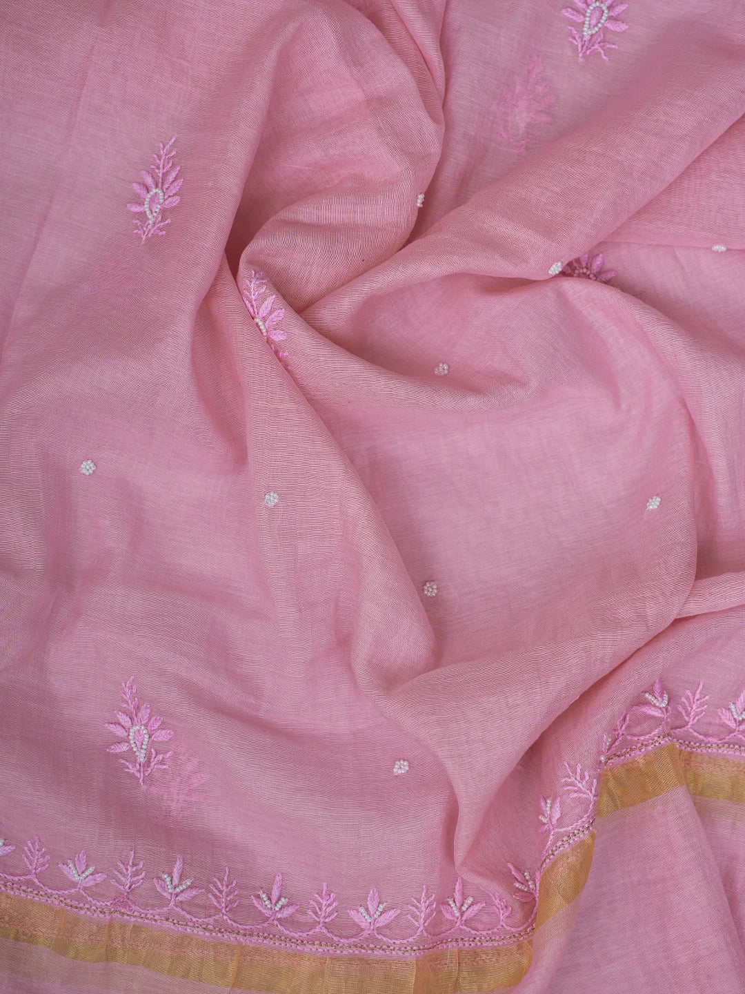 Ada Hand Embroidered Pink Chanderi Lucknowi Chikankari Semi-Stitched Kurta Dupatta Set With Pearl Work 01A700385